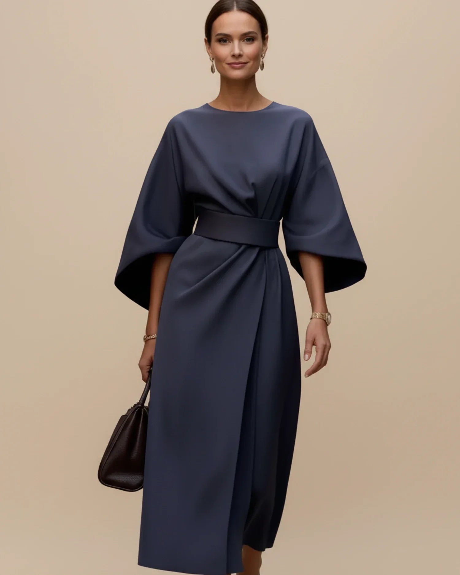 Women's elegant belted midi wrap dress lantern sleeves defined waist polished sophisticated silhouette