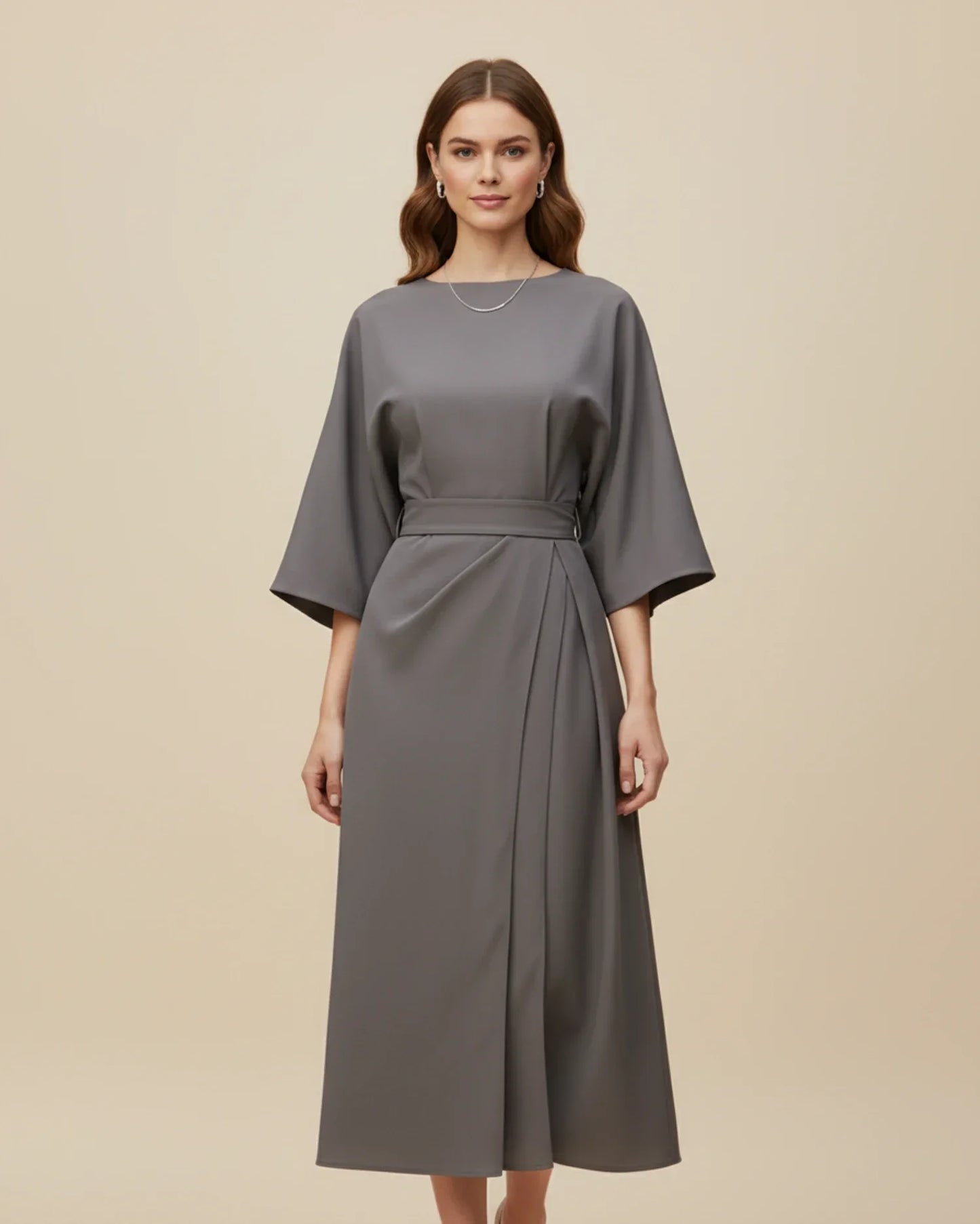 Women's elegant belted midi wrap dress with dramatic lantern sleeves and defined waist silhouette
