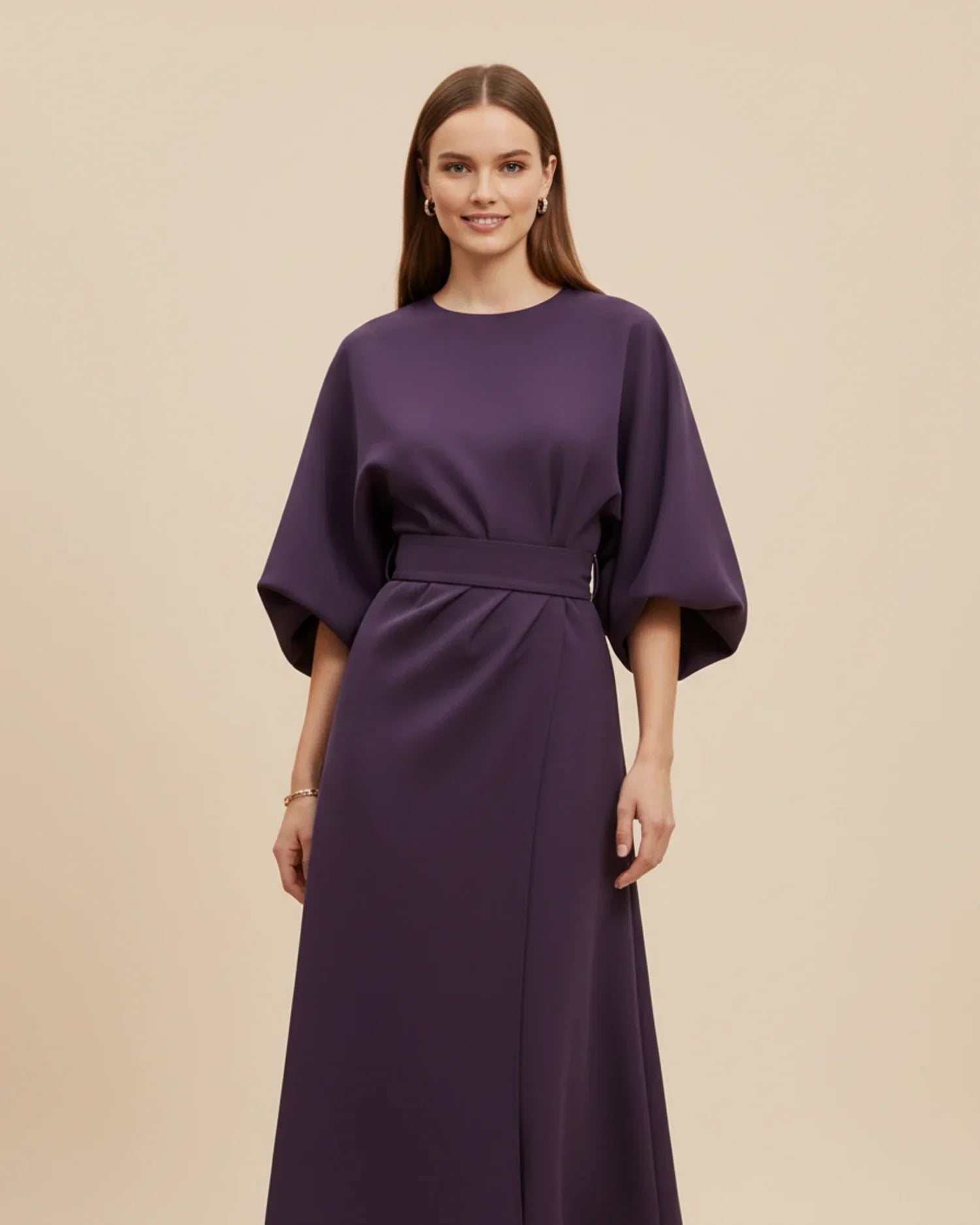 Women's elegant belted midi wrap dress with dramatic lantern sleeves and defined waist silhouette