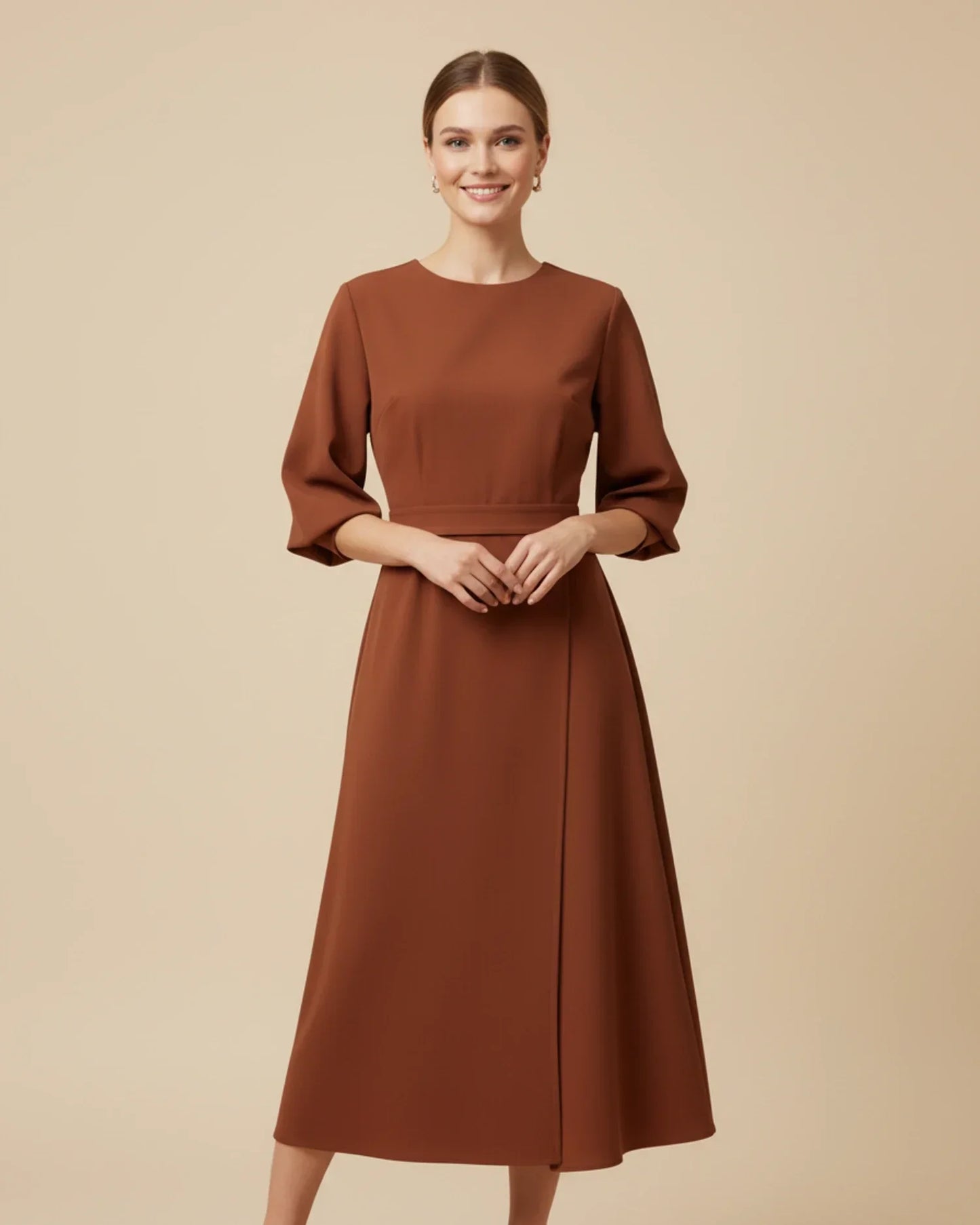 Women's elegant belted midi wrap dress with lantern sleeves and defined waist silhouette