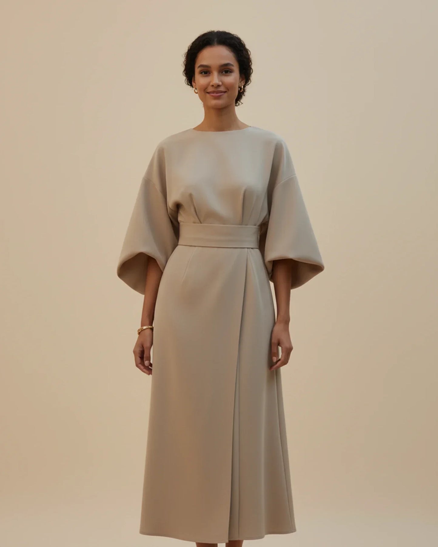 Women's elegant belted midi wrap dress with dramatic lantern sleeves and defined waist silhouette