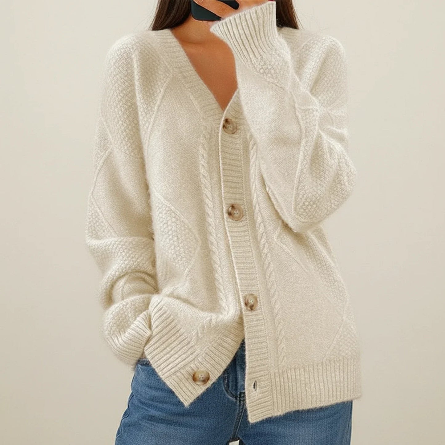 Women's cable knit cardigan, button-front V-neck sweater in classic style for versatile layering