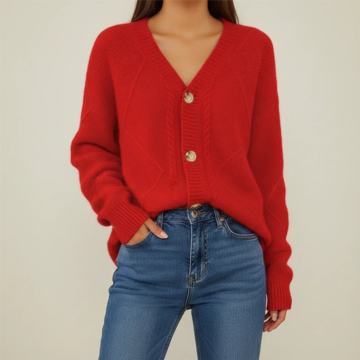 Women's cable knit cardigan in classic neutral, button-front V-neck style for versatile layering