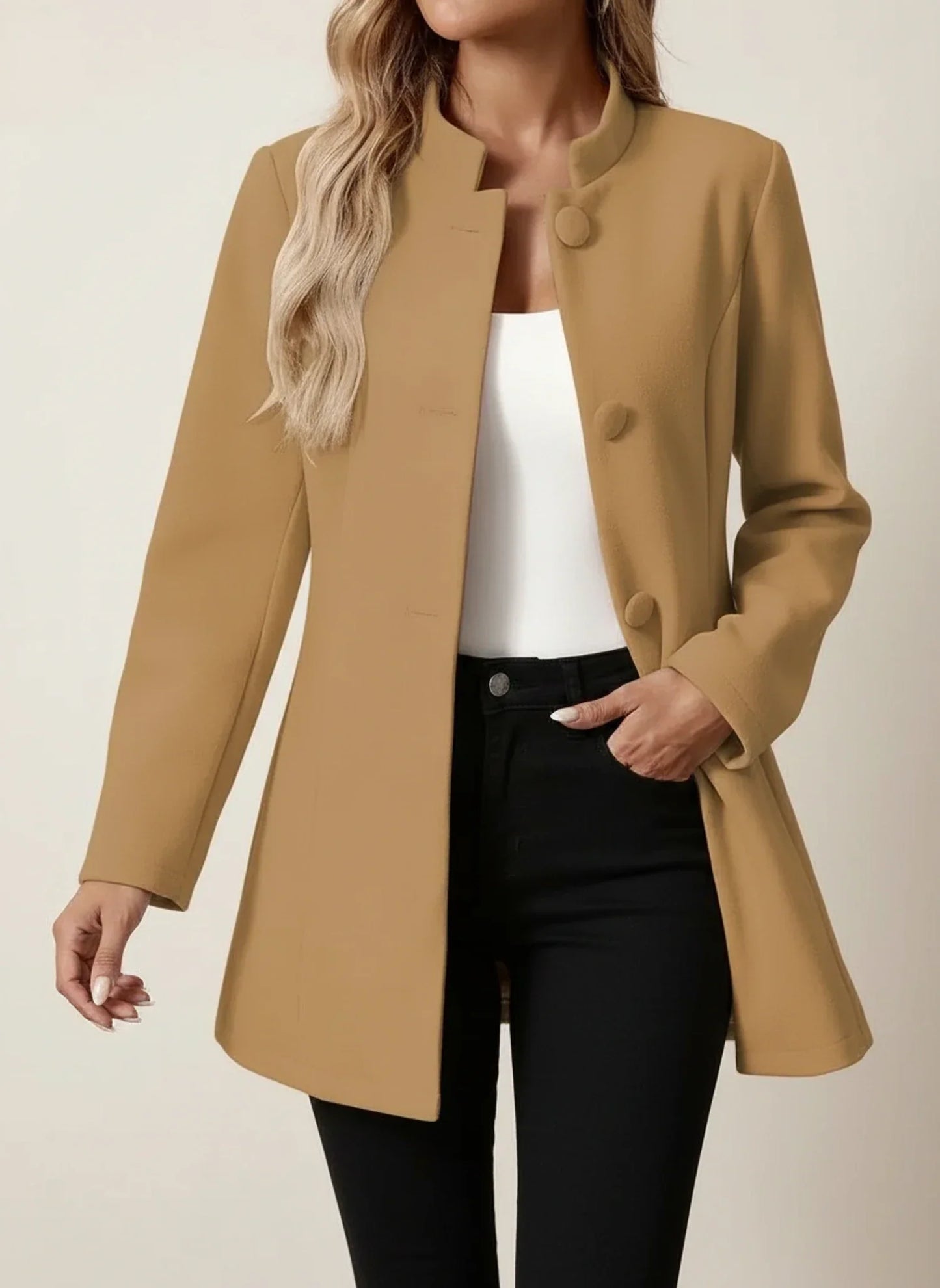 Women's stand collar blazer coat, chic A-line silhouette, button front, hip length, work-ready style