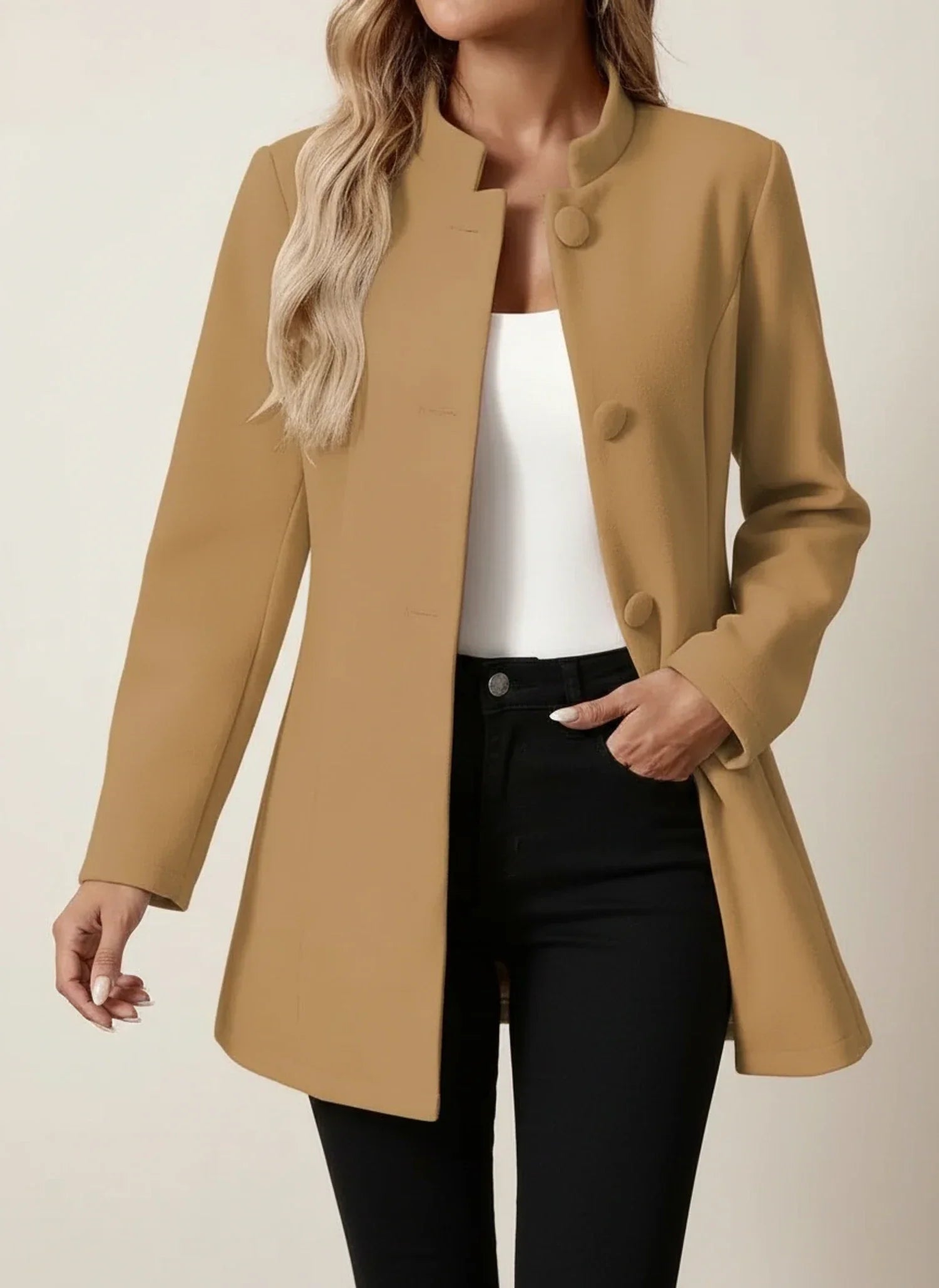 Women's stand collar blazer coat, chic A-line silhouette, button front, hip length, work-ready style