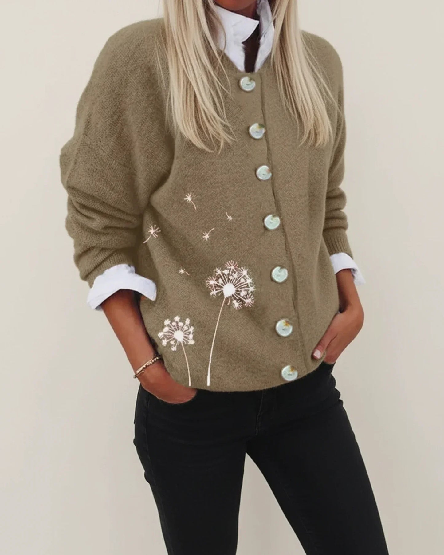 Women's relaxed button-front winter cardigan in cozy knit with dandelion print graphic detail