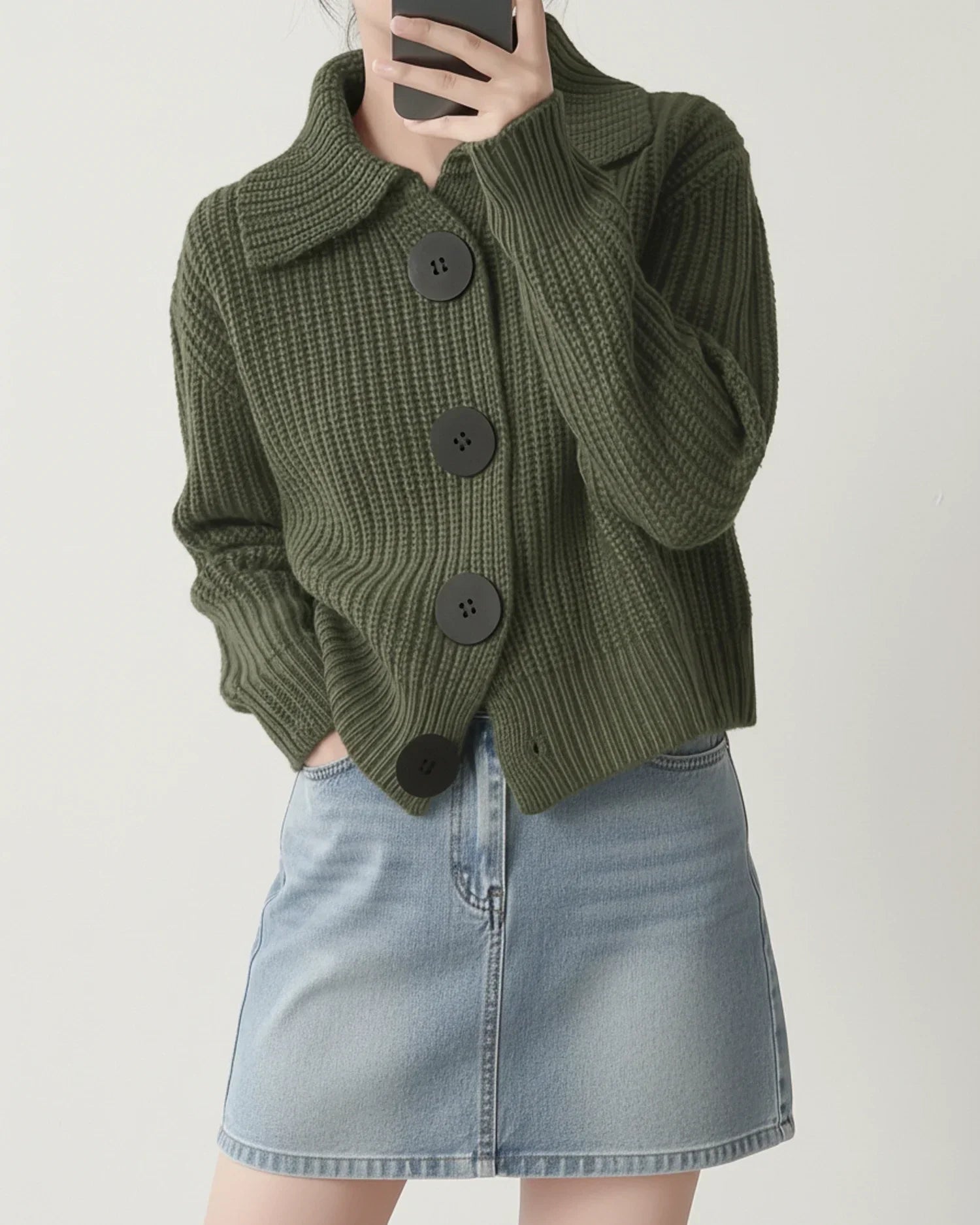 Women's cropped knit cardigan, button-front collar, chic modern style in neutral tones