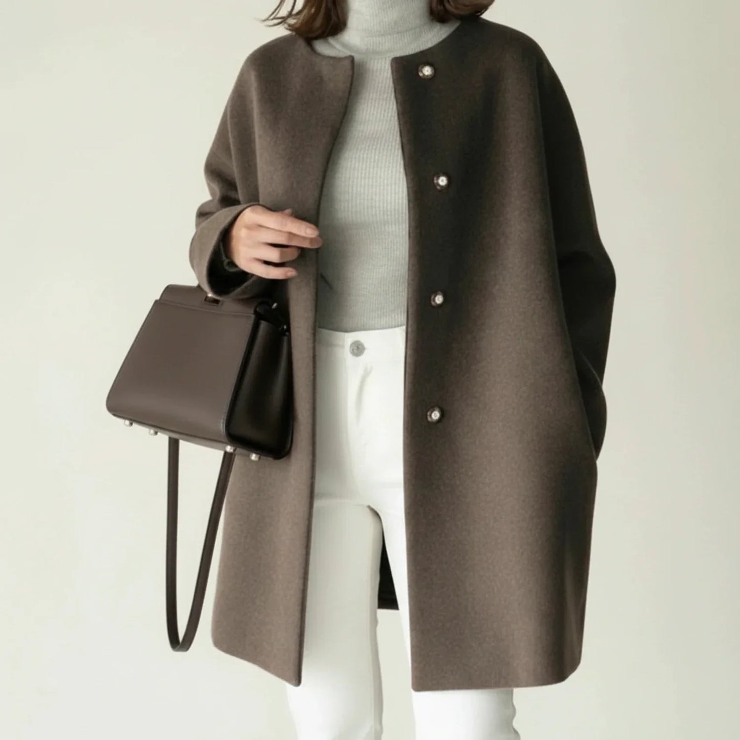 Women's minimalist collarless winter coat A-line mid-length button-front silhouette, chic versatile style