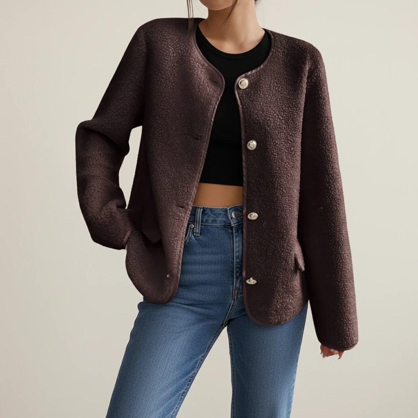 Women's collarless tweed jacket relaxed fit button-front with practical patch pockets layering essential
