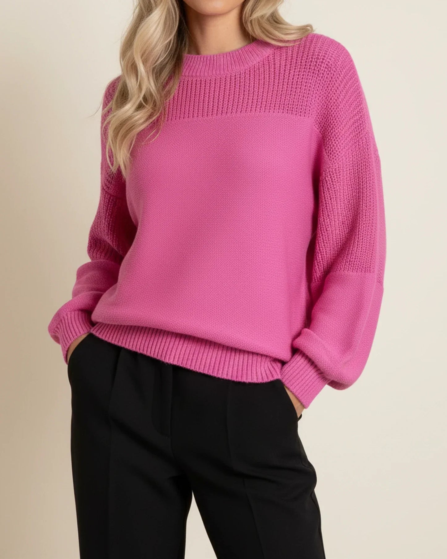 Women's color block knit sweater relaxed fit crewneck, casual winter layering style with bold panels