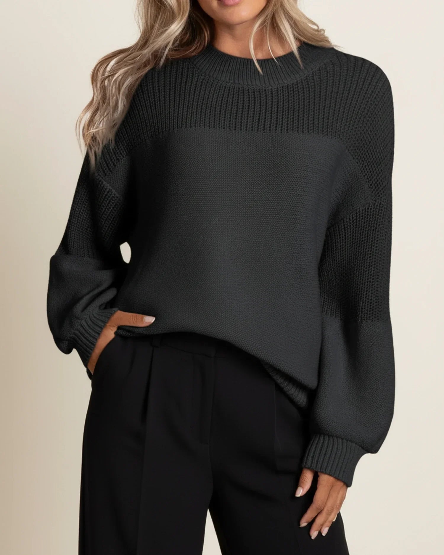 Women's color block knit sweater relaxed fit crewneck, casual winter layering style