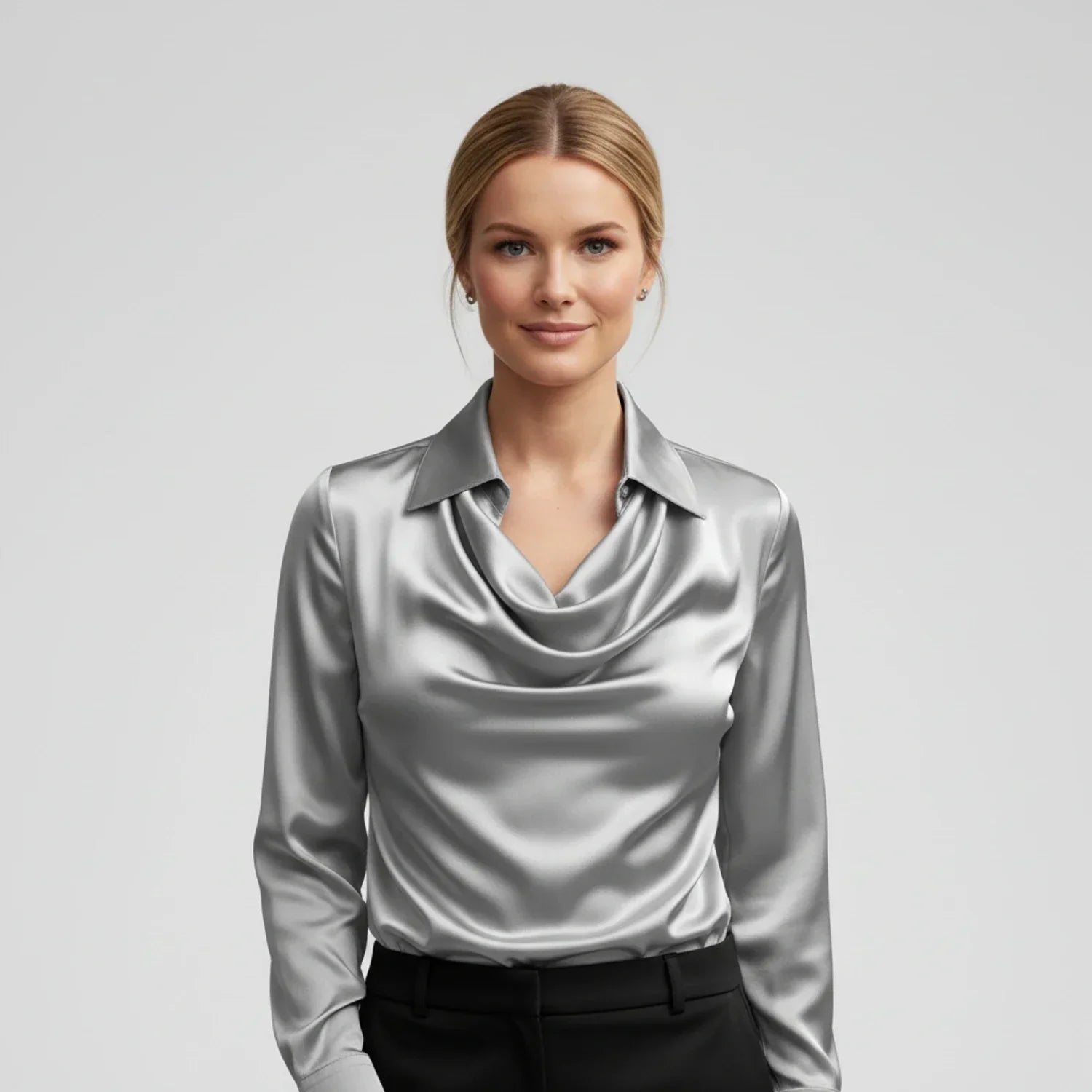 Women's ivory cowl neck blouse relaxed fit long sleeves draped neckline elegant everyday top