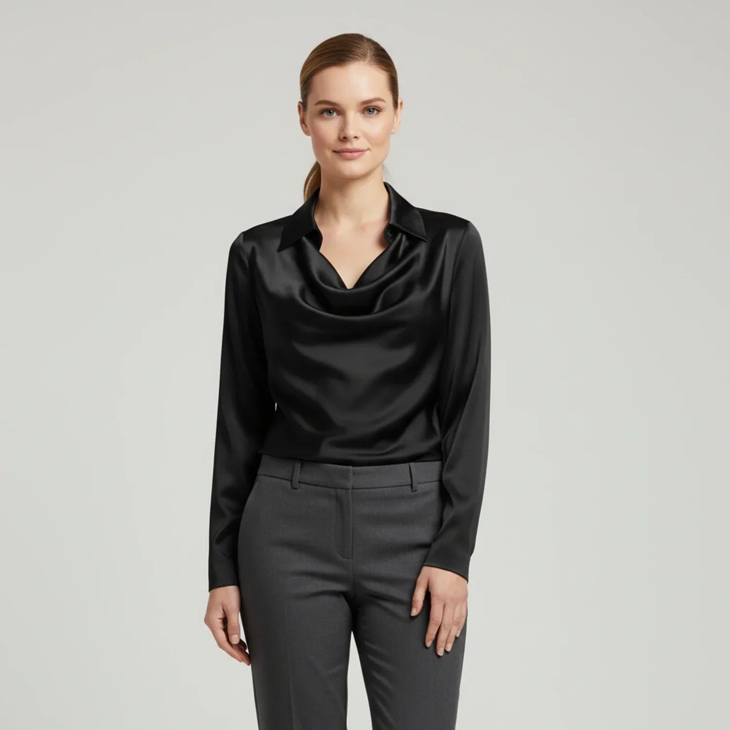 Women's black cowl neck blouse relaxed fit long sleeves draped neckline elegant everyday top