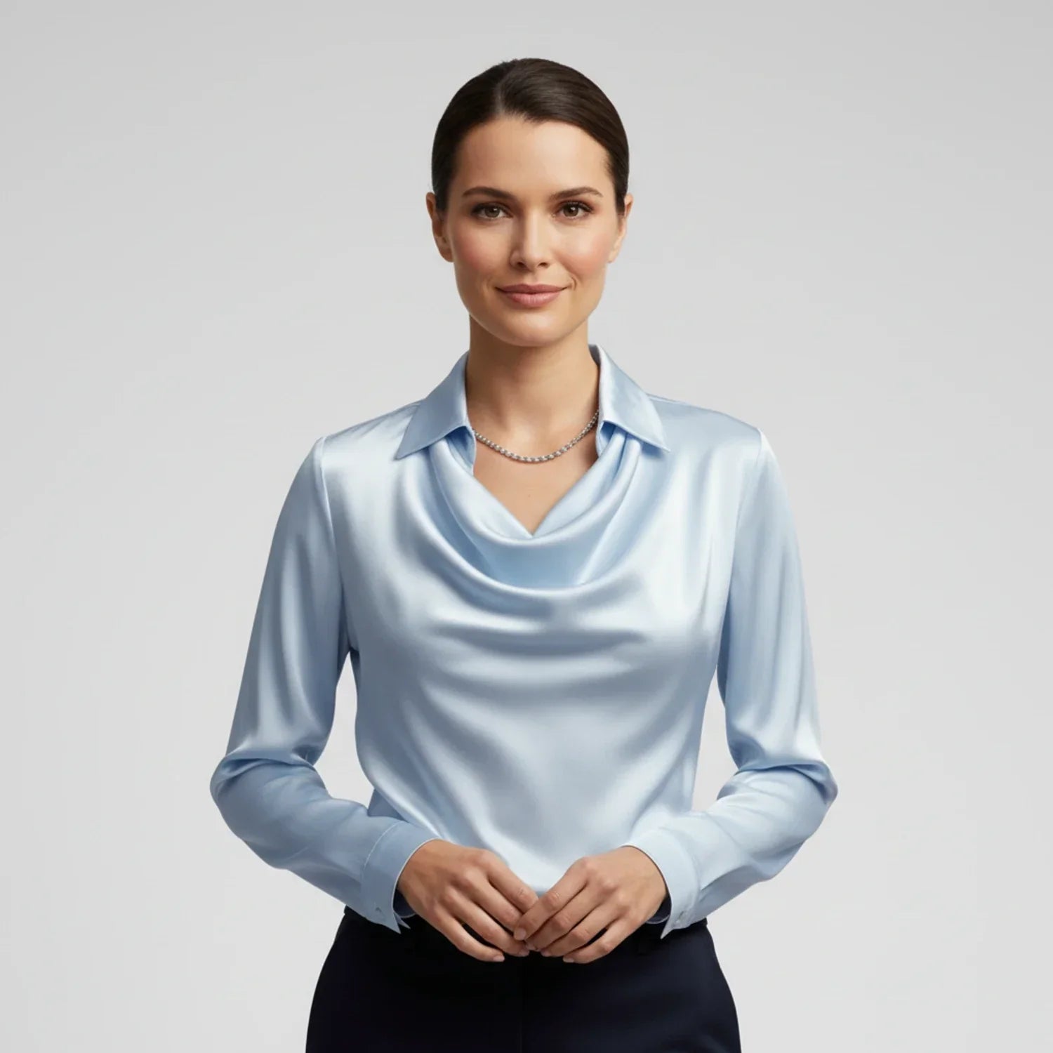 Women's ivory cowl neck blouse relaxed fit long sleeves draped neckline elegant everyday top