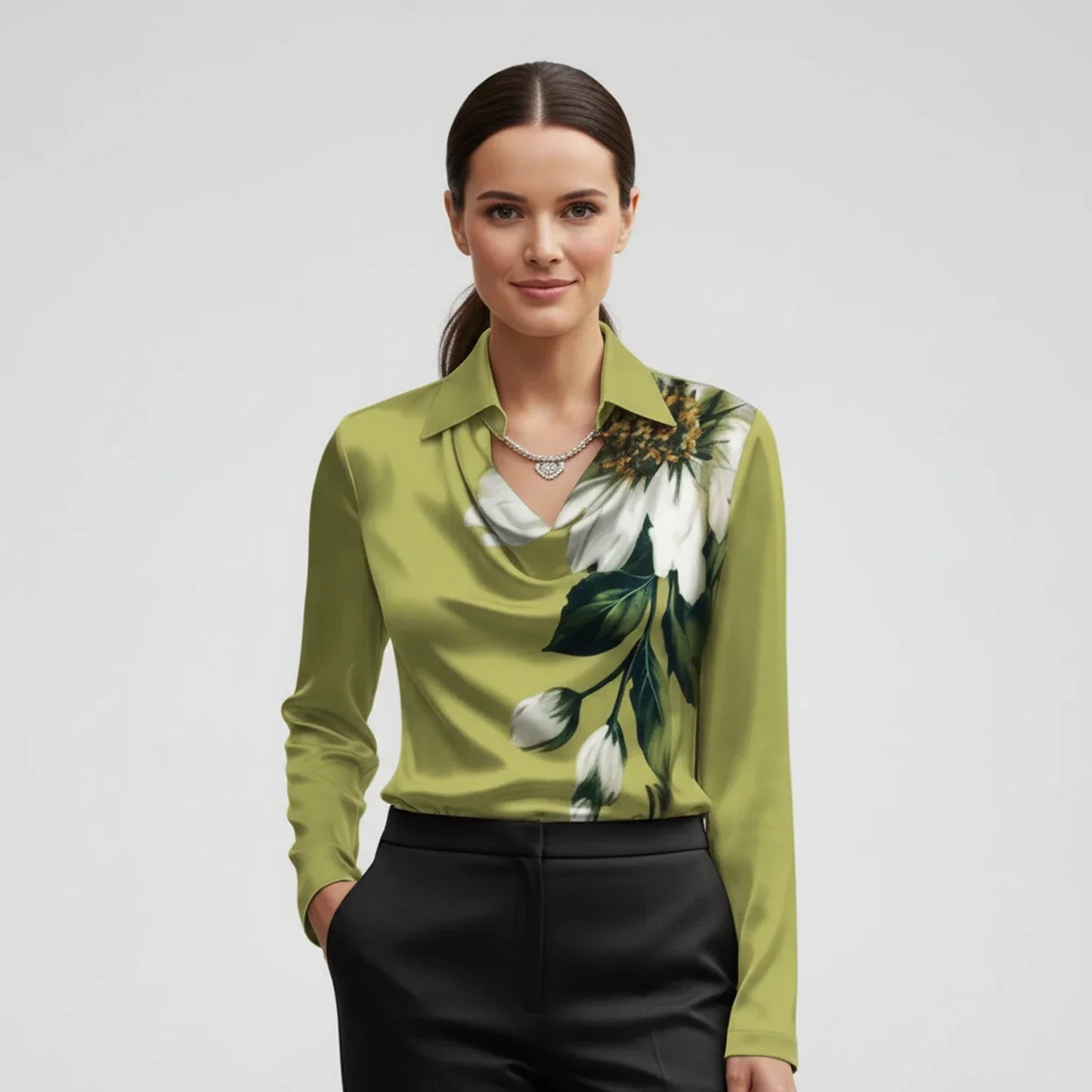Women's black cowl neck blouse relaxed fit long sleeves draped neckline elegant everyday top