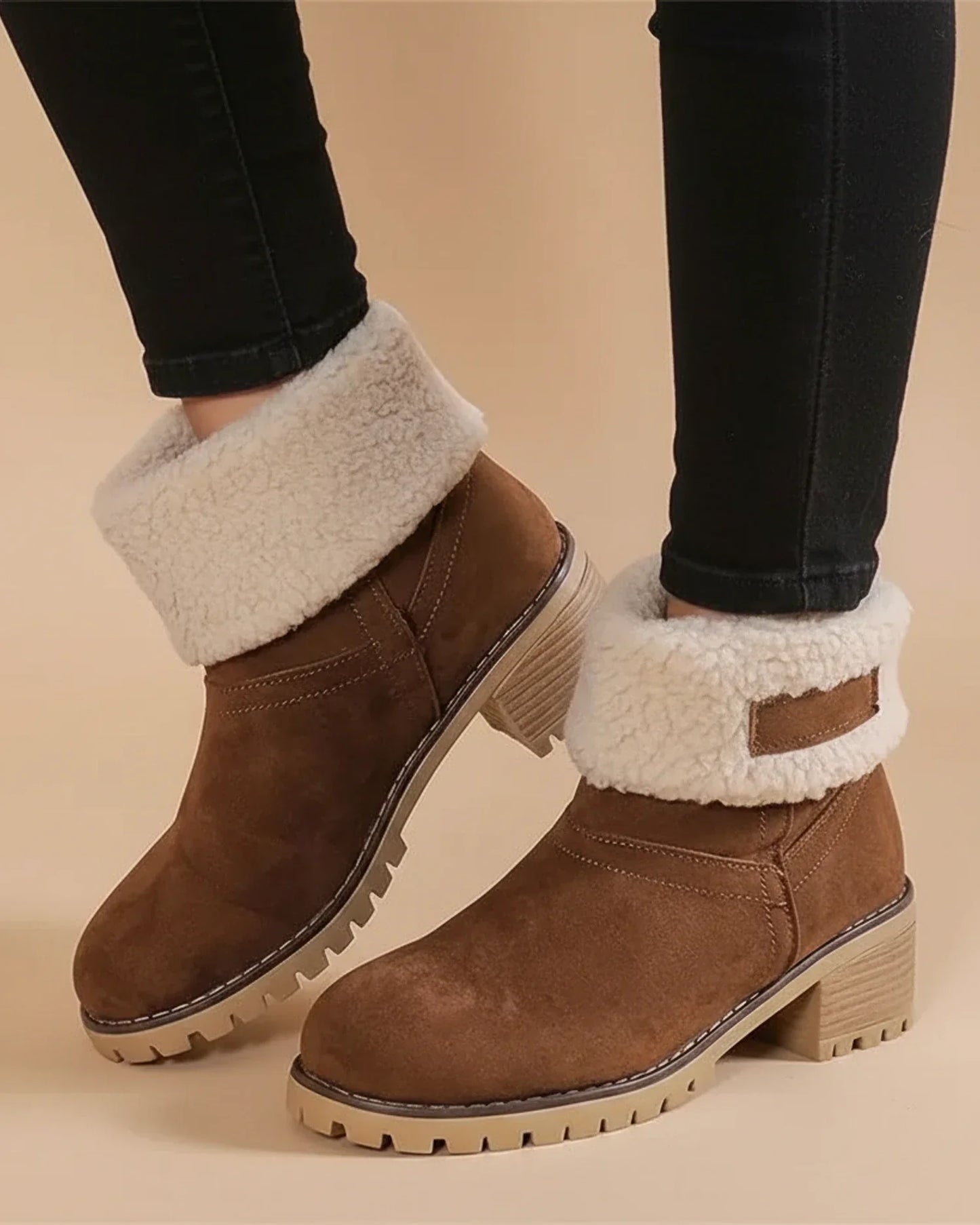 Women's brown sherpa-lined cuffed ankle boots with block heel and lug sole for everyday comfort