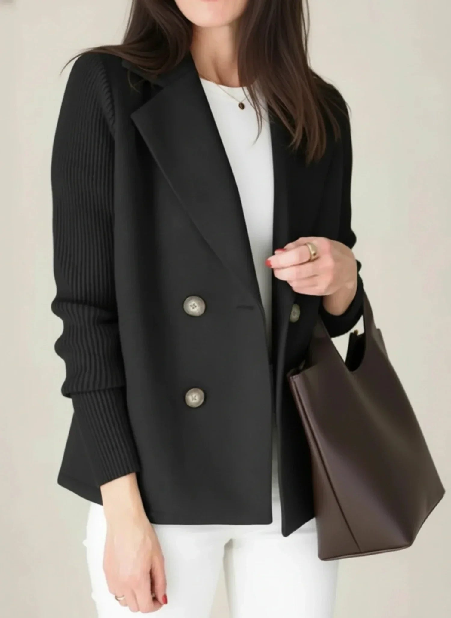 Women's double-breasted blazer jacket color block detail relaxed fit office-ready professional style