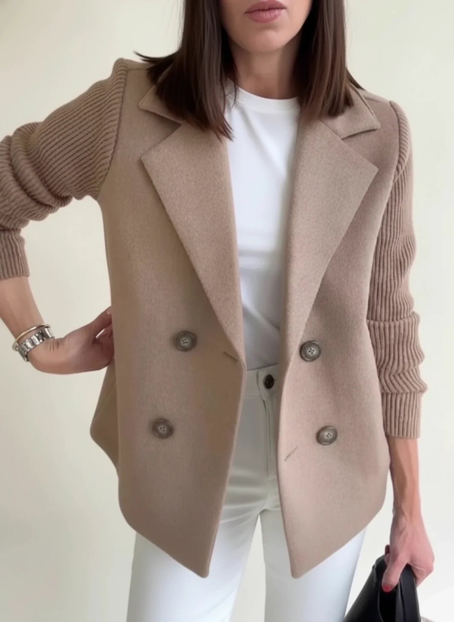 Women's double-breasted blazer jacket color block detail relaxed fit office-ready professional style