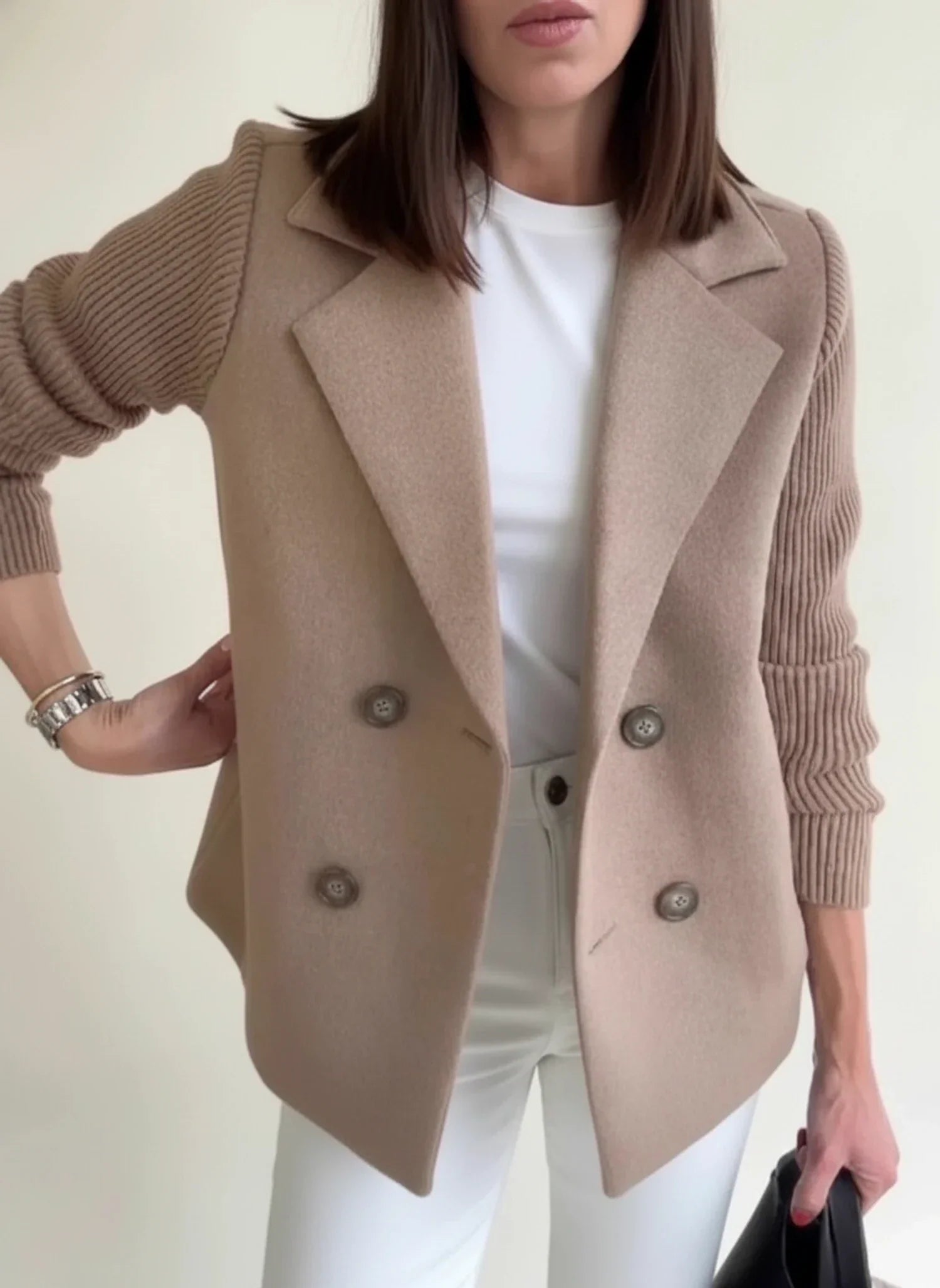 Women's double-breasted blazer jacket color block detail relaxed fit office-ready professional style