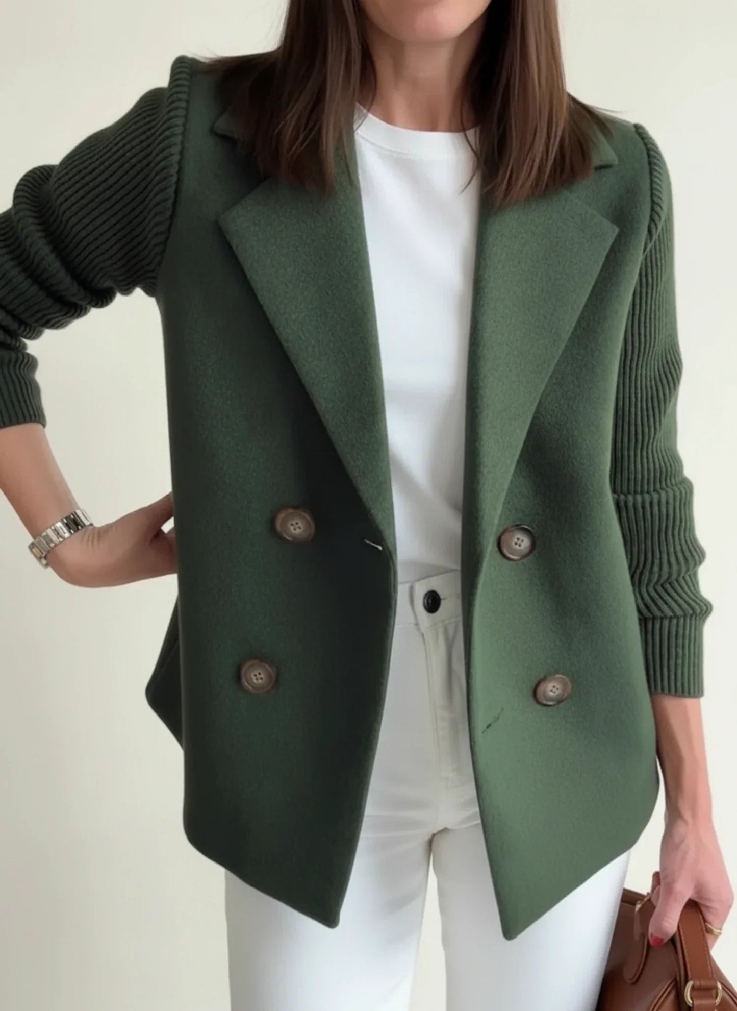 Women's double-breasted blazer jacket color block detail relaxed fit office-ready professional style