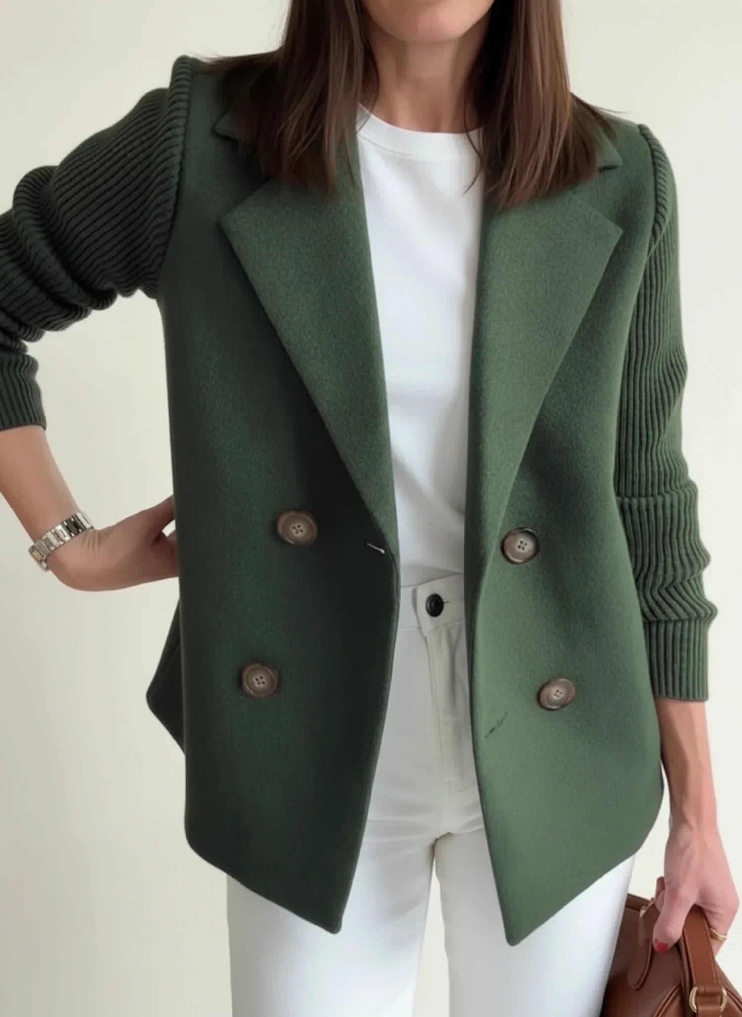 Women's double-breasted blazer jacket color block detail relaxed fit office-ready professional style