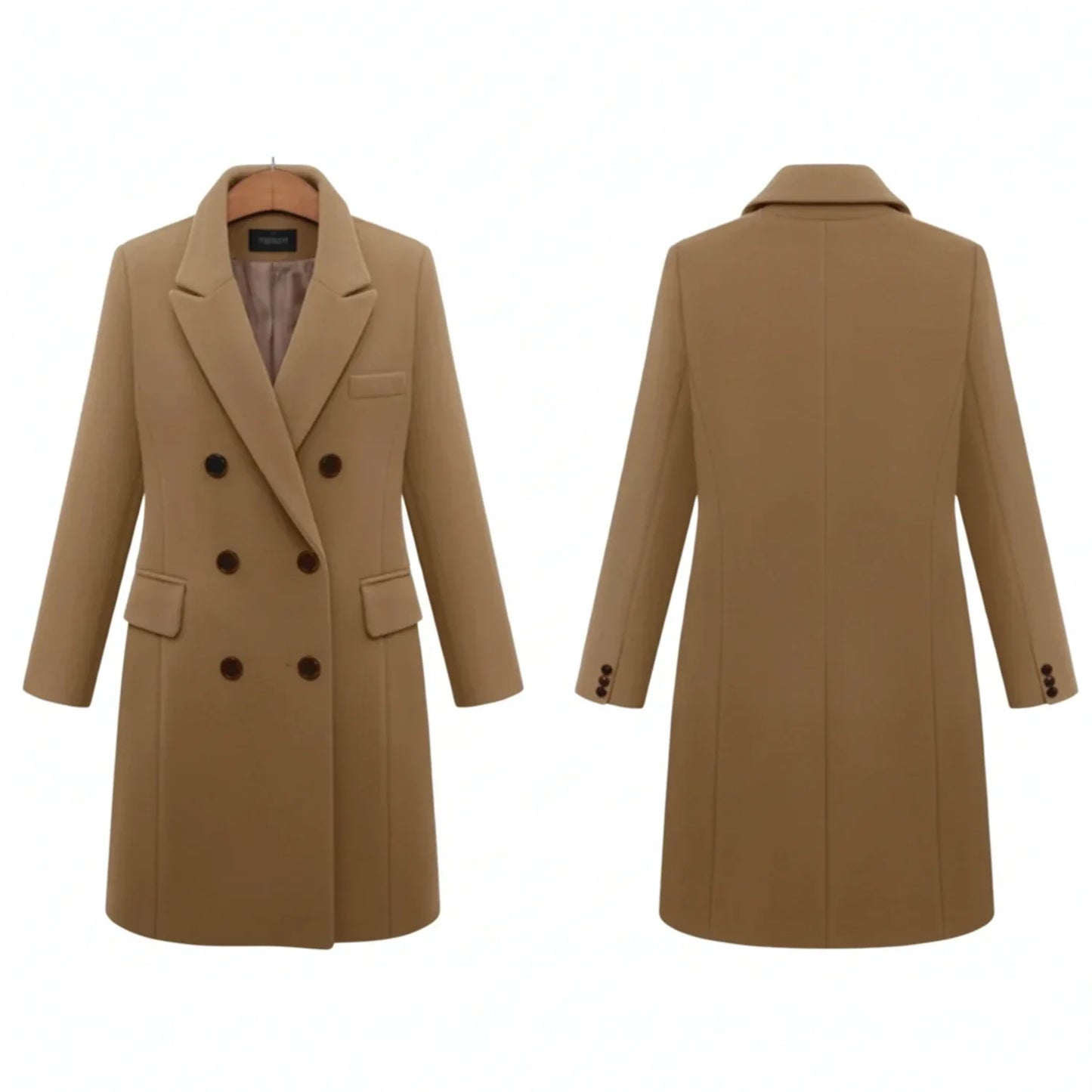 Women's double-breasted winter coat tailored fit notch lapel flap pockets below-knee elegant warm