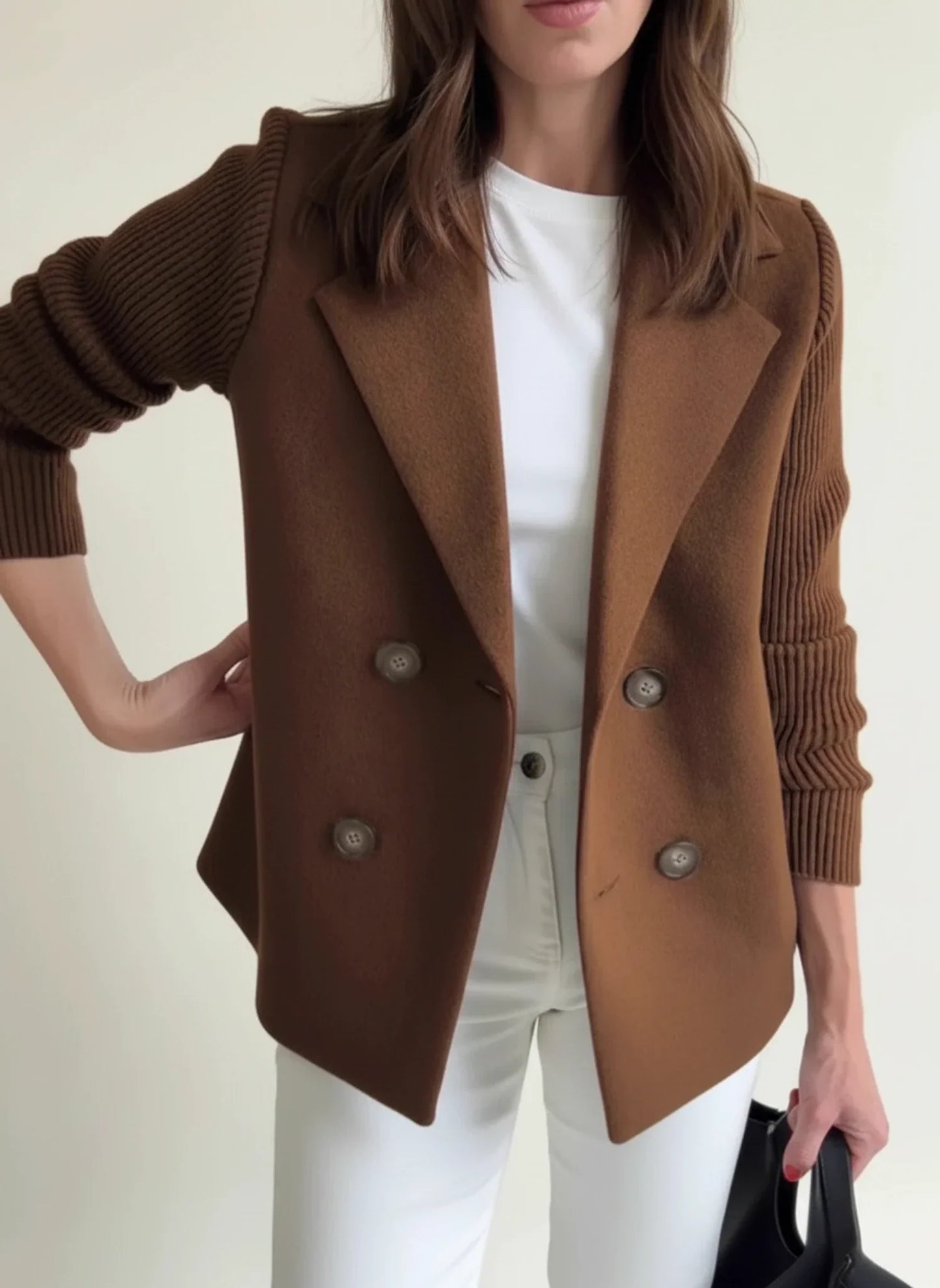 Women's double-breasted blazer jacket color block detail relaxed fit office-ready professional style
