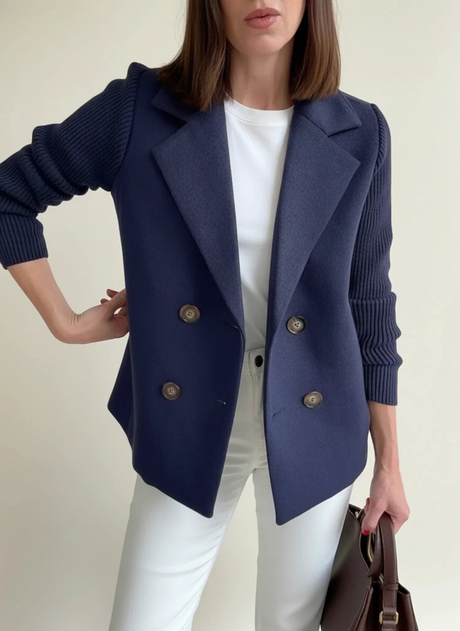 Women's double-breasted blazer jacket color block detail relaxed fit office-ready professional style