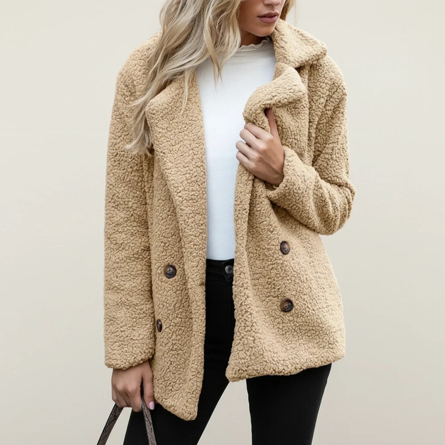 Women's camel teddy peacoat double-breasted cozy collared coat with relaxed fit warm silhouette