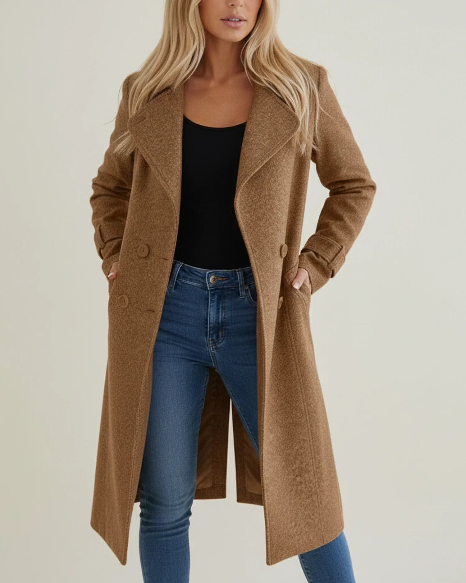 Women's long double-breasted winter coat in classic style with structured flattering fit for everyday elegance