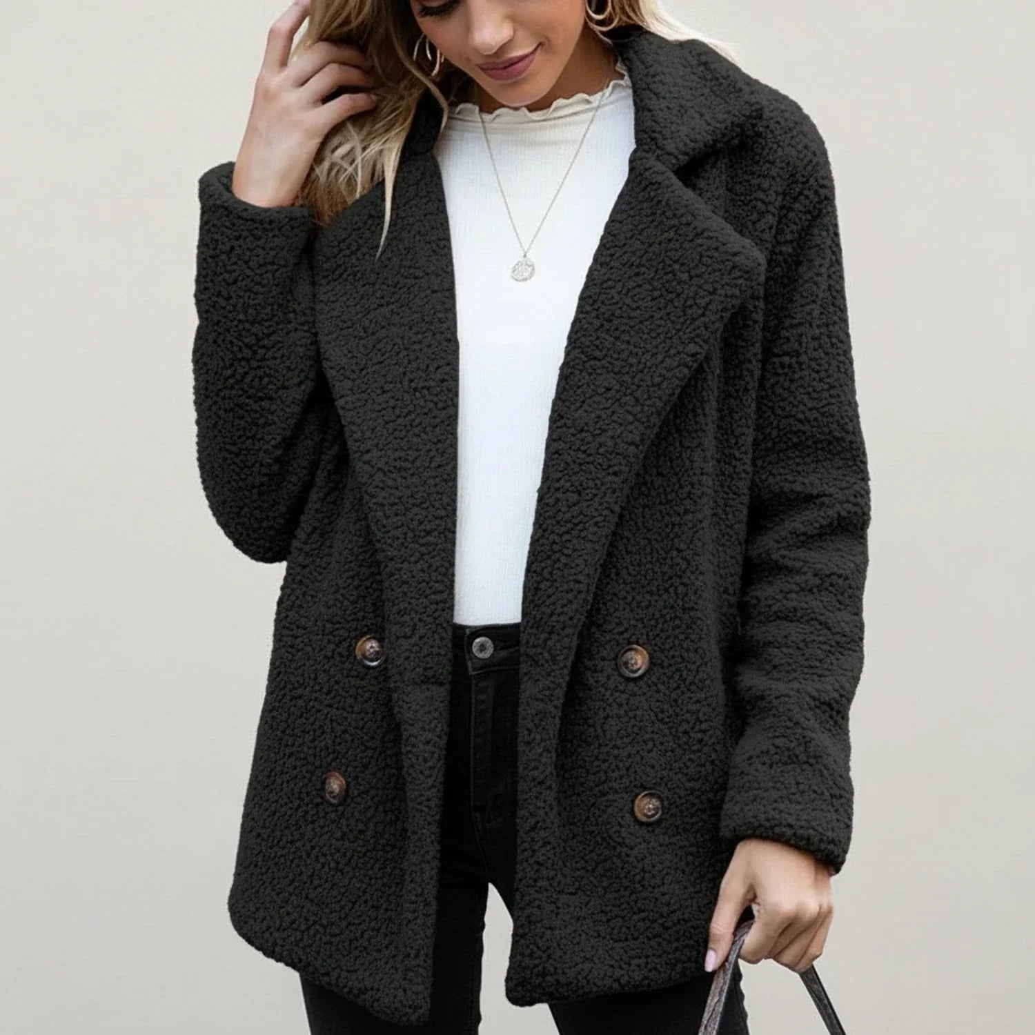 Women's camel teddy peacoat double-breasted cozy collared coat with relaxed fit warm texture