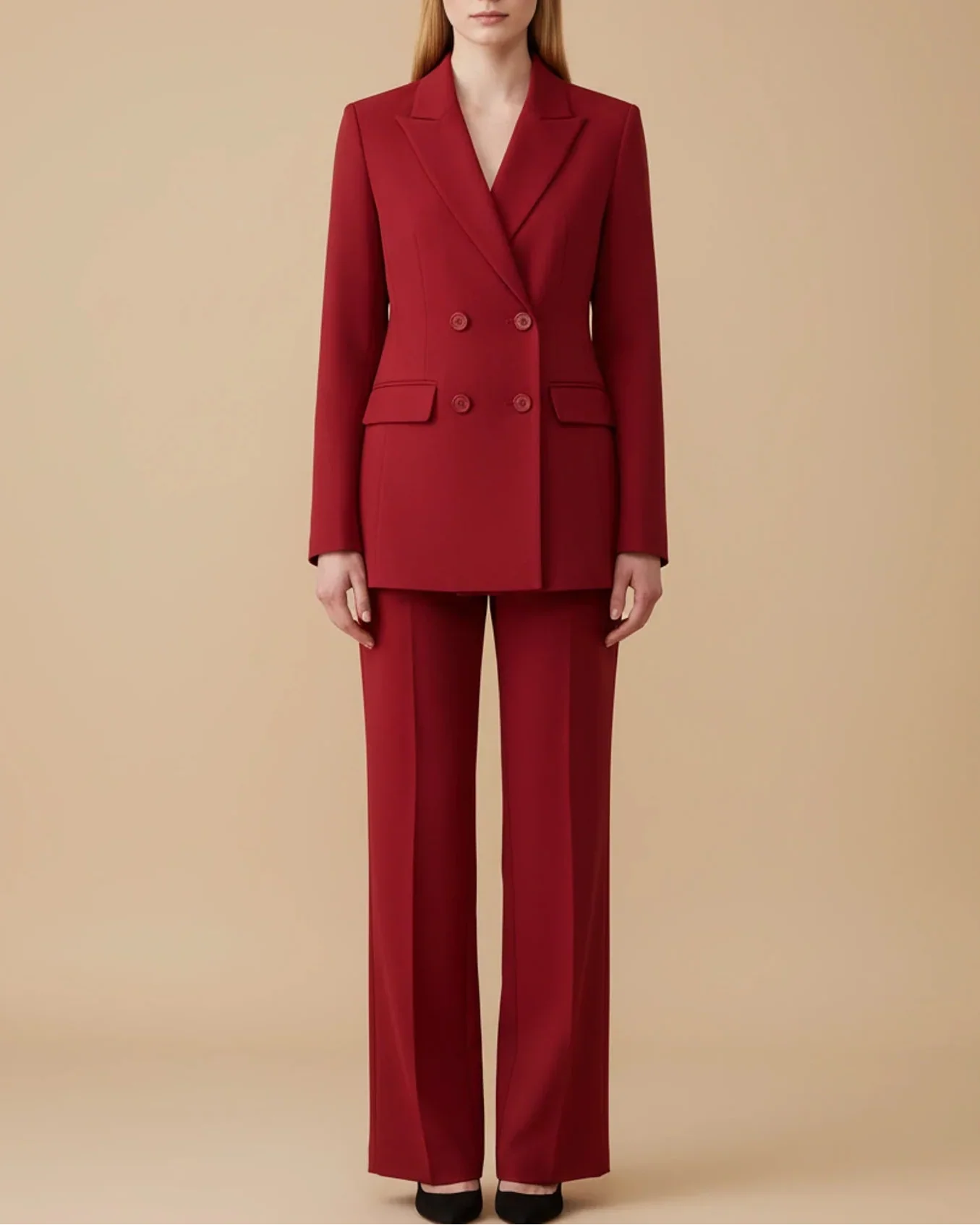 Women's formal double breasted pant suit tailored blazer straight leg pants office ready two-piece set