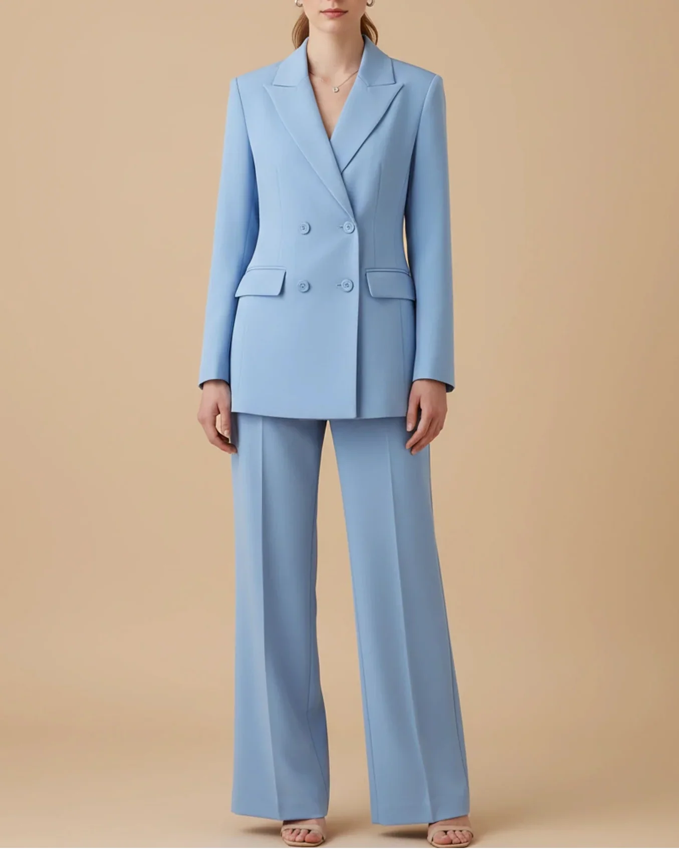 Women's formal double-breasted pant suit with tailored blazer and straight-leg trousers office-ready