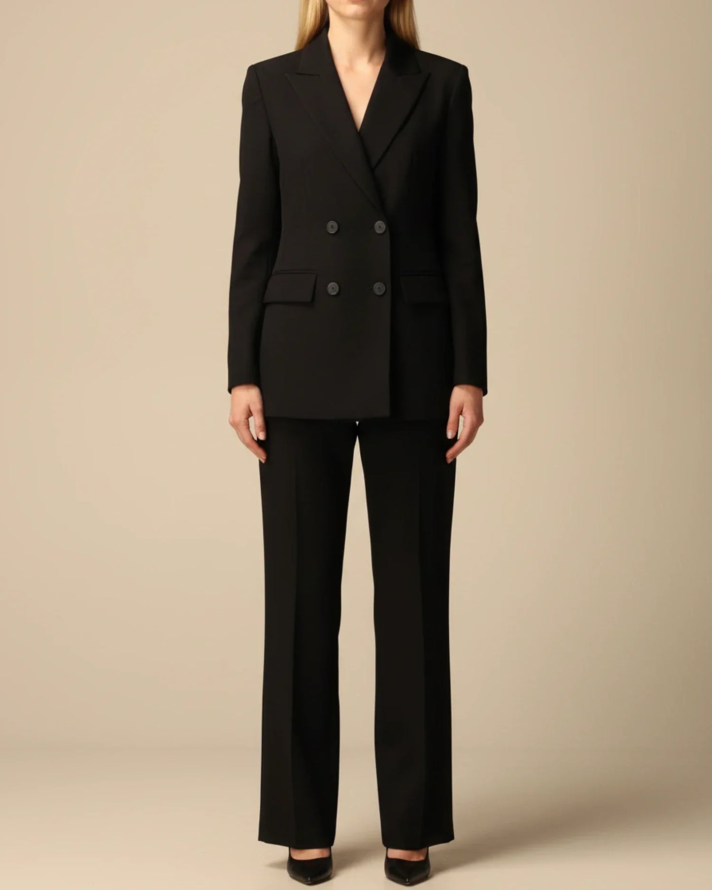 Women's formal double-breasted pant suit with tailored blazer and straight-leg pants, office-ready