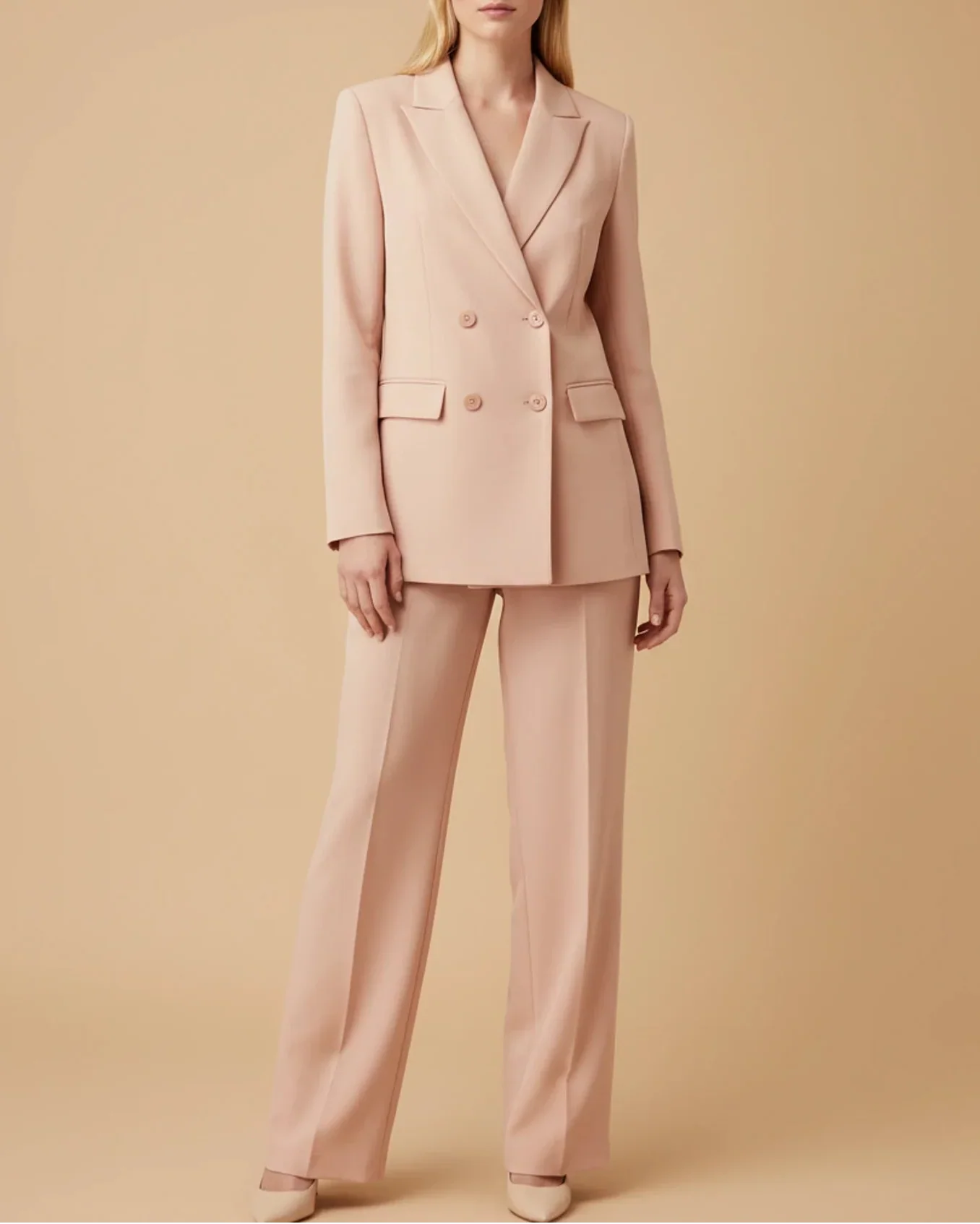Women's formal double-breasted pant suit with tailored blazer and straight-leg pants, office-ready