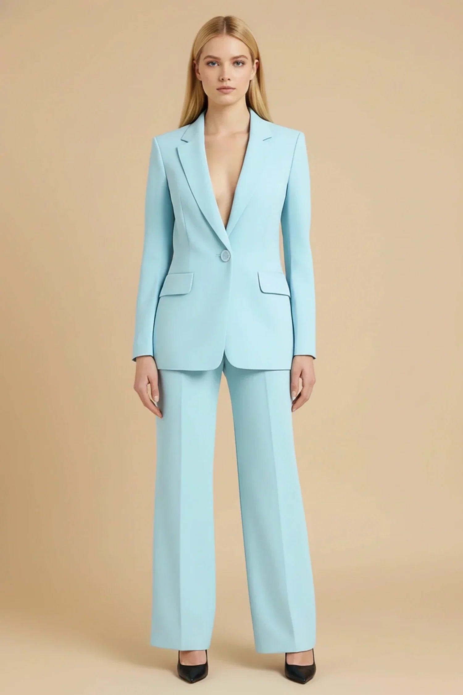 Women's tailored blazer suit set with wide-leg pants, notch lapels, professional business style