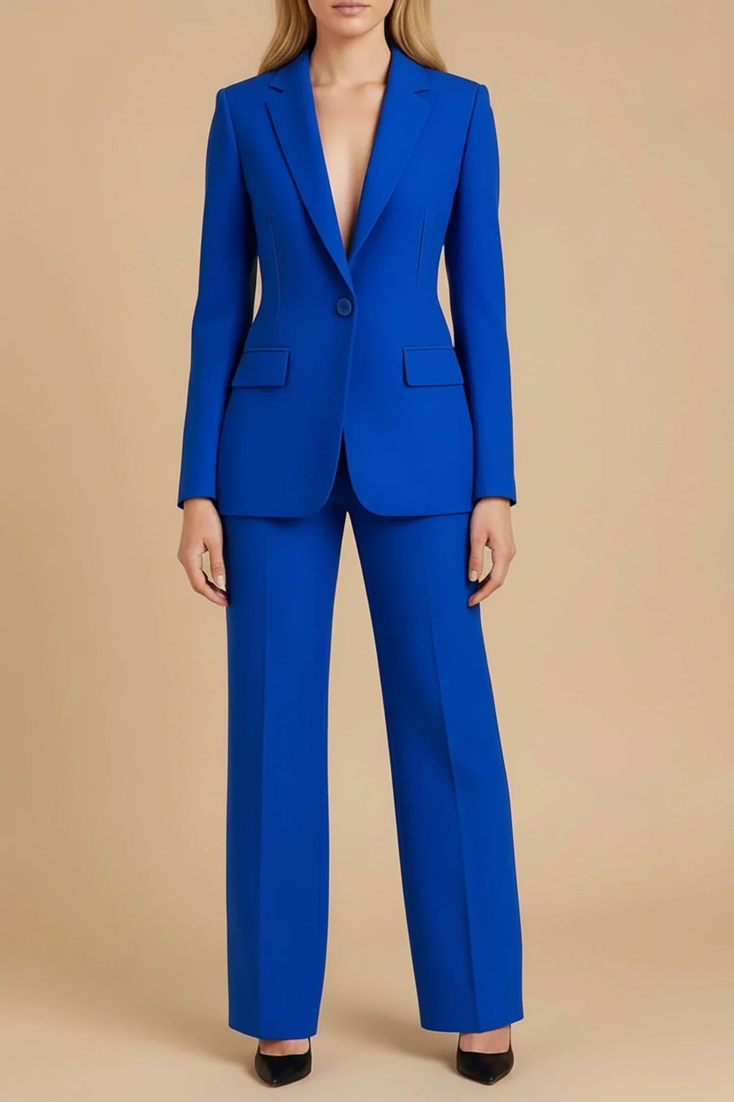 Women's tailored blazer suit set with notch lapels and wide-leg pants for professional style