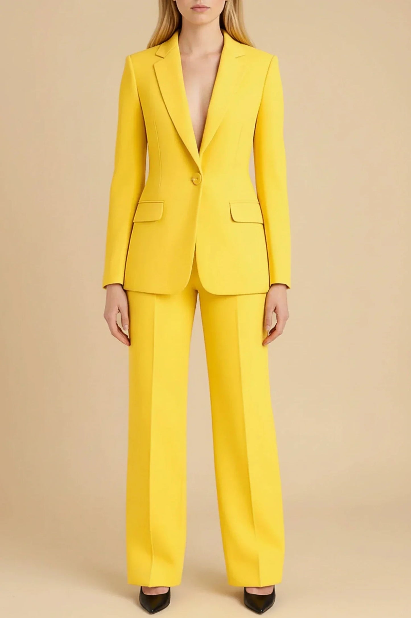 Women's tailored blazer suit set with notch lapels and high-waisted wide-leg pants for professionals