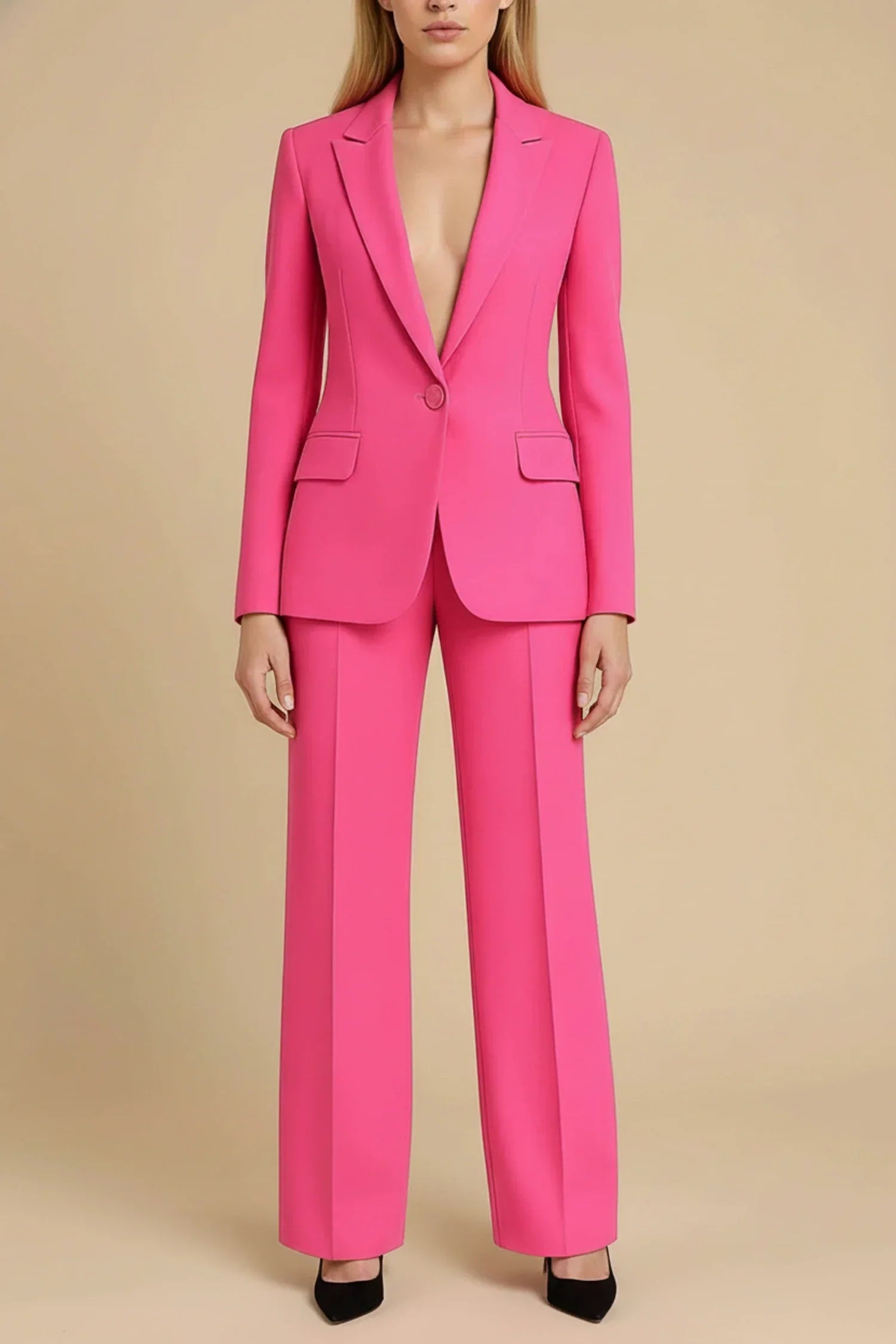 Women's tailored blazer suit set with notch lapels and high-waisted wide-leg pants for professionals