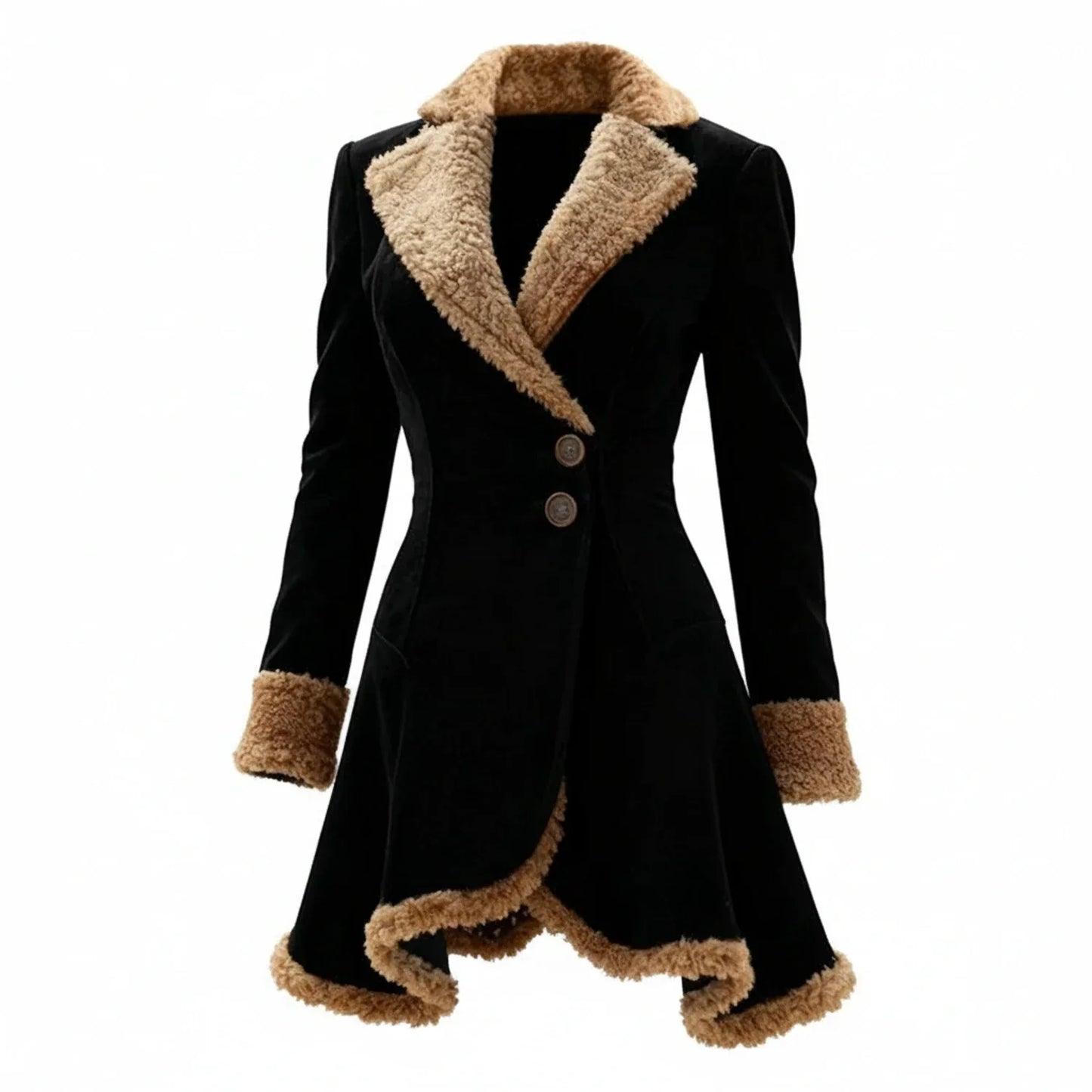 Women's fitted winter coat with fur trim, tailored silhouette, and asymmetrical hem for modern style