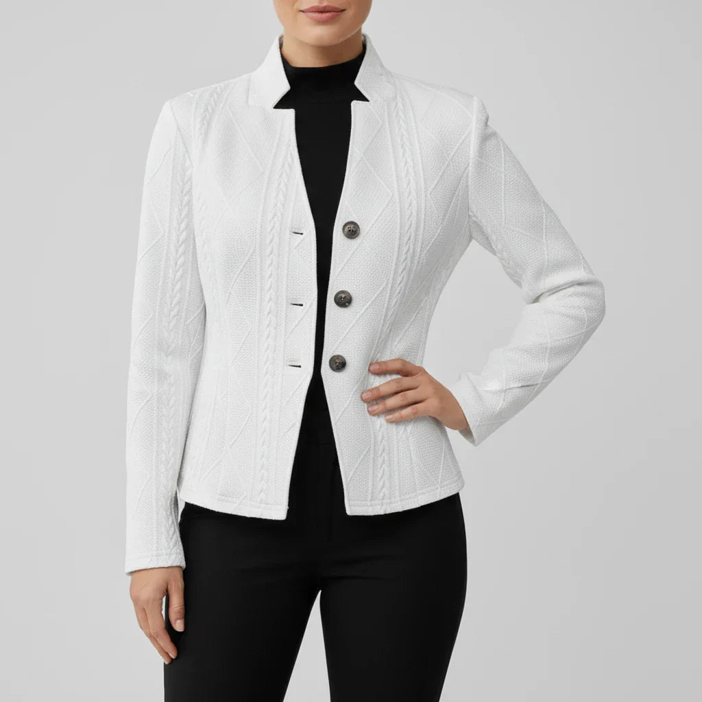 Women's fitted blazer jacket stand collar tailored silhouette workwear desk-to-dinner style