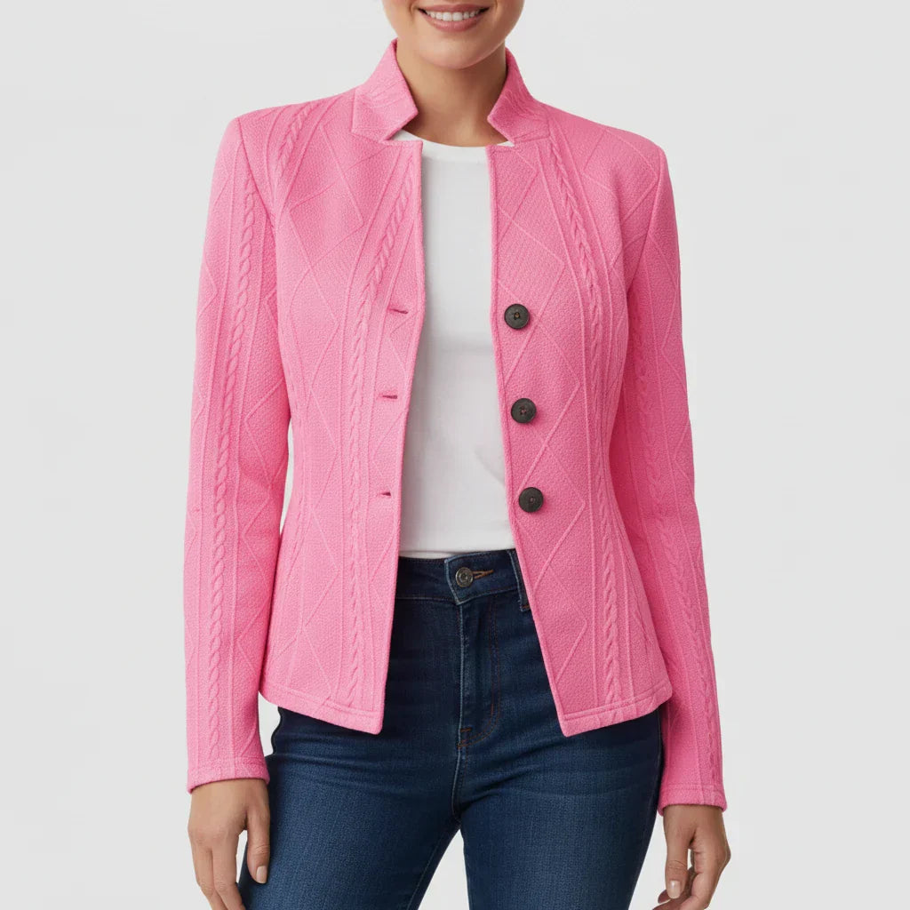 Women's fitted blazer jacket stand collar tailored silhouette work-to-dinner versatile style