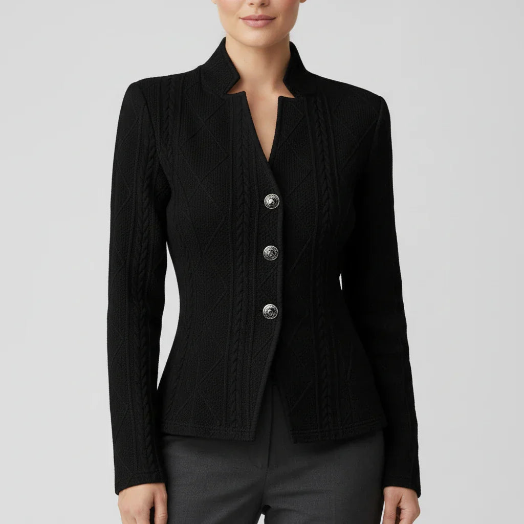 Women's fitted blazer jacket stand collar tailored silhouette work-to-dinner style sleek modern cut