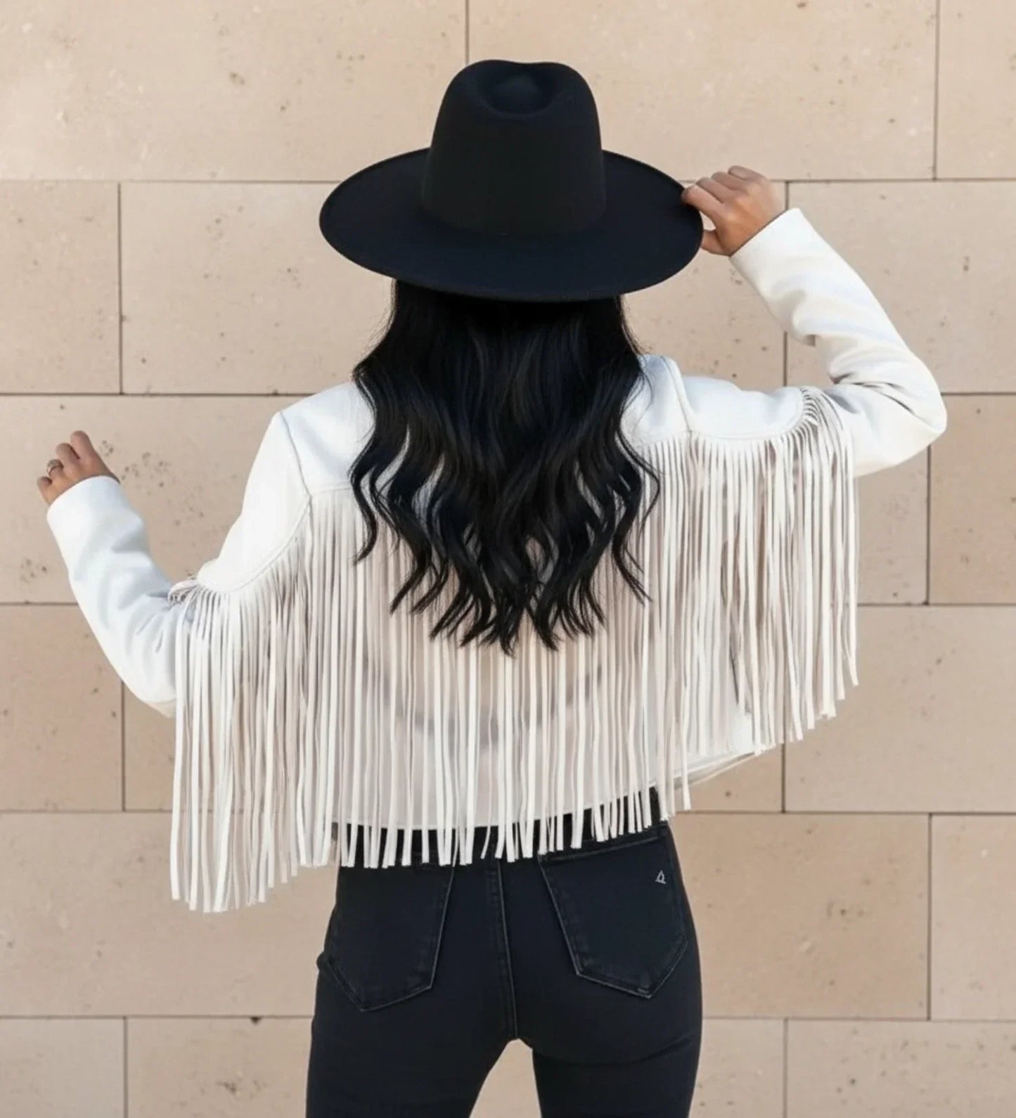 Women's cropped fringed moto jacket open front notch lapel bold Western style statement piece