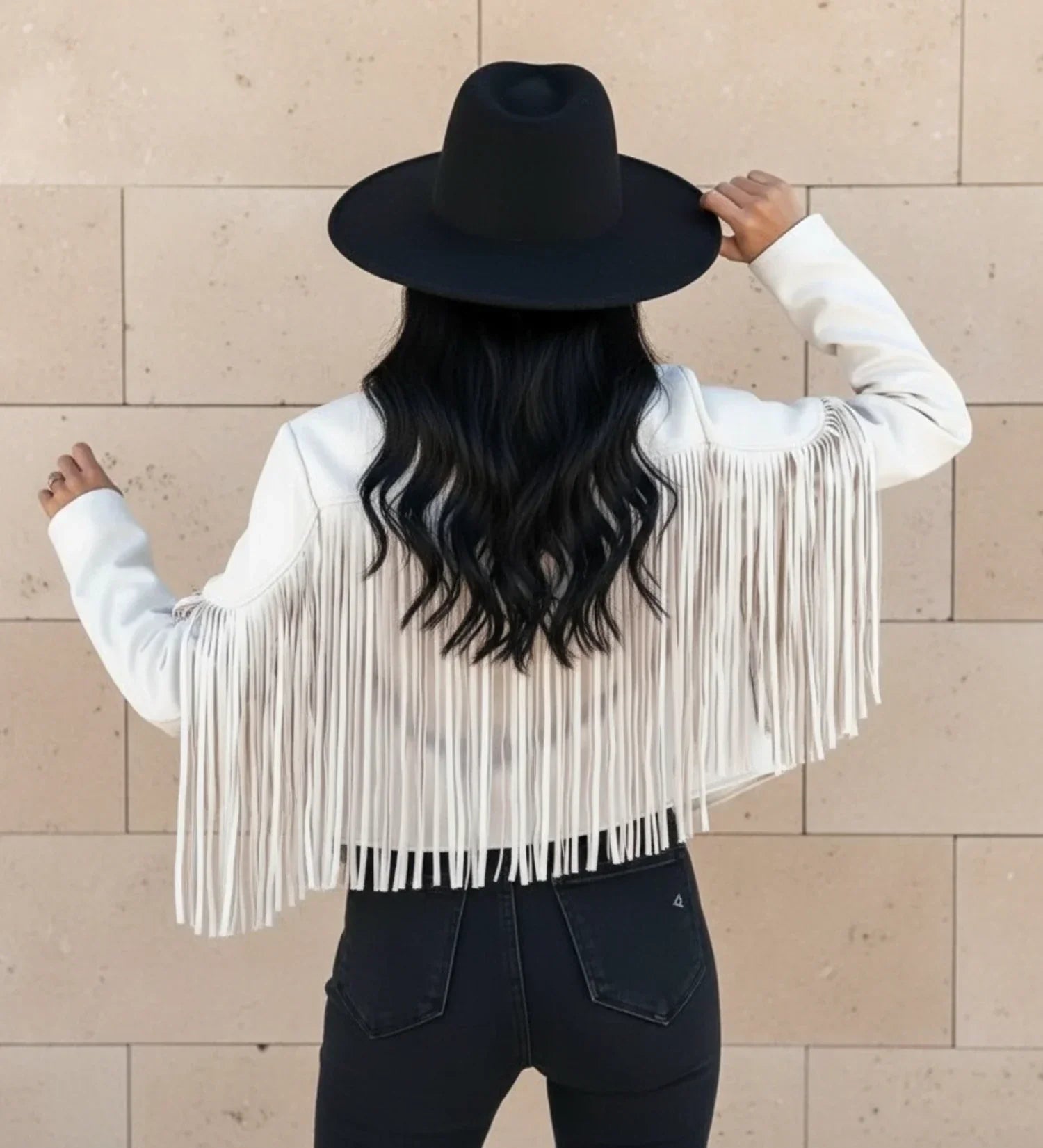 Women's cropped fringed moto jacket open front notch lapel bold Western style statement piece