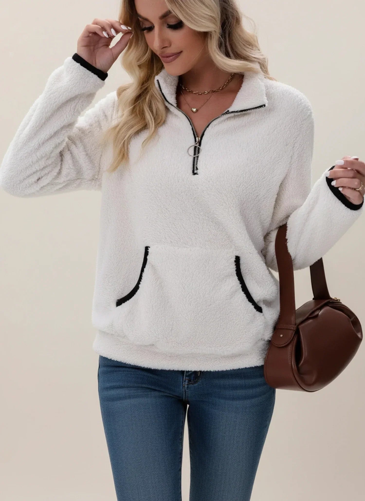 Women's teddy fleece half-zip pullover sweater relaxed fit with kangaroo pocket cozy casual style
