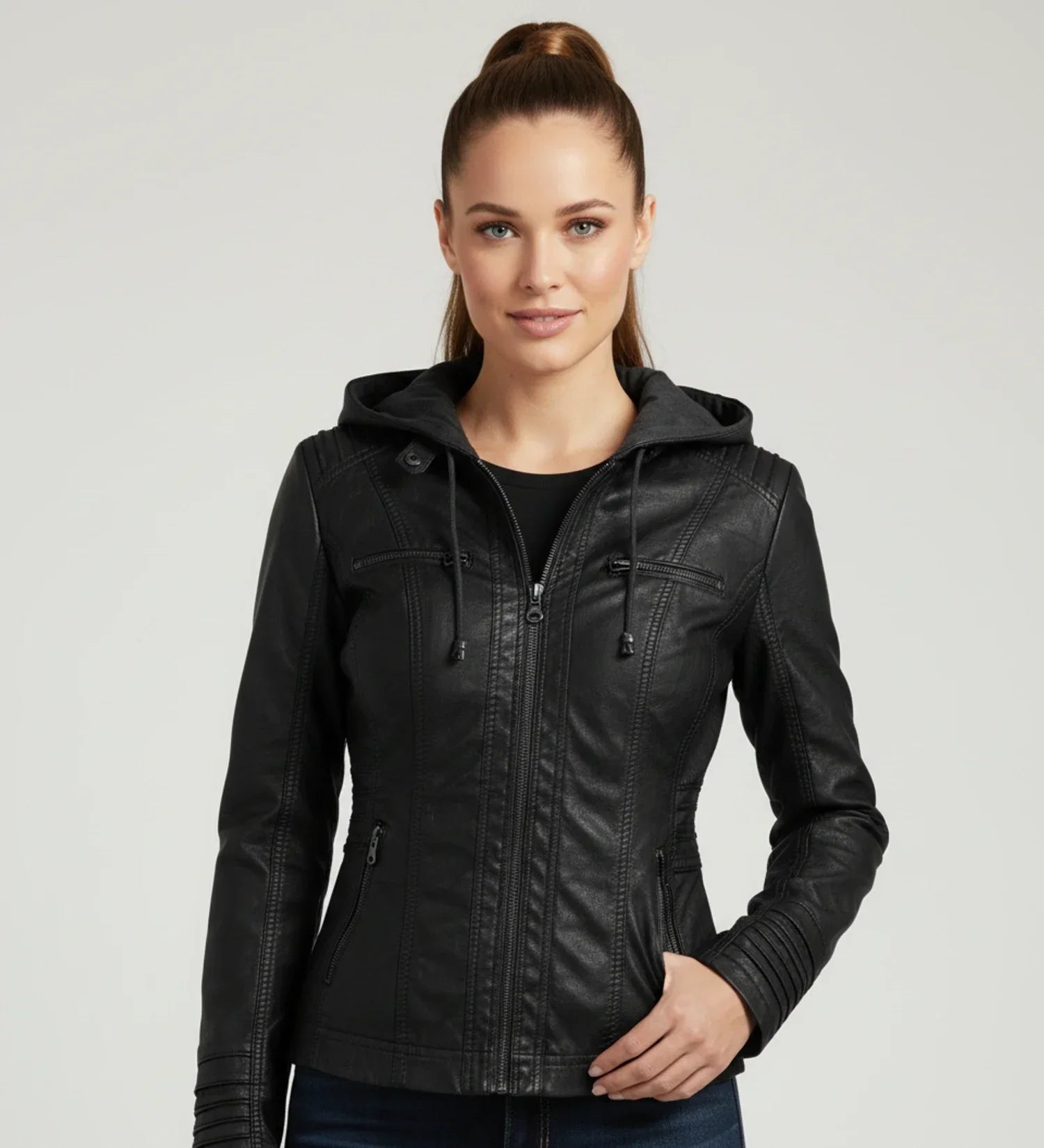 Women's black fitted hooded moto jacket with zip-up front and quilted shoulder detailing