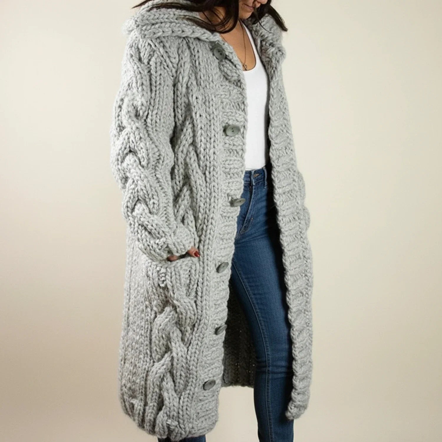 Women's hooded long winter cardigan button-front cozy layering relaxed fit cold weather essential