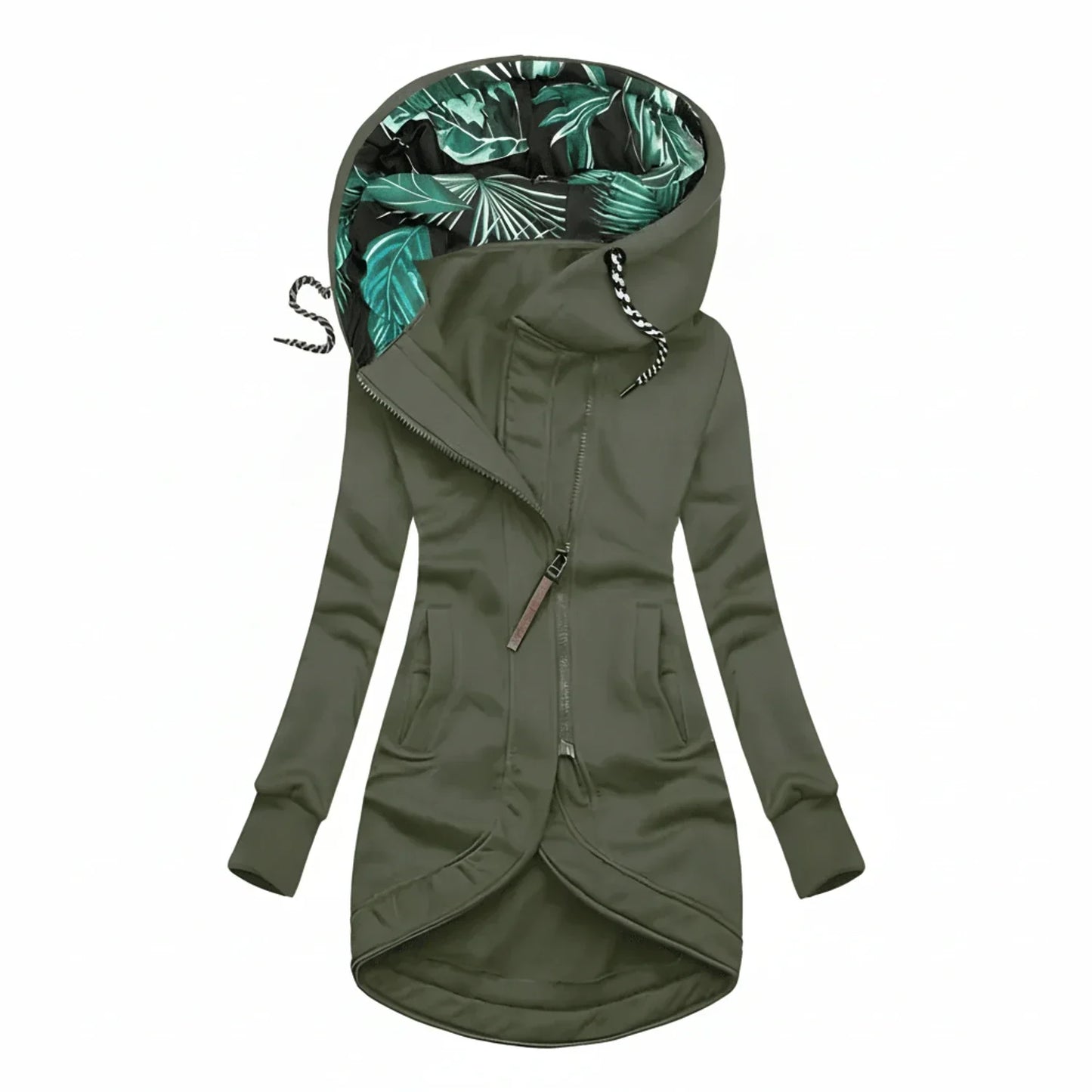 Women's tunic-length hooded winter jacket in A-line silhouette with adjustable drawstring hood