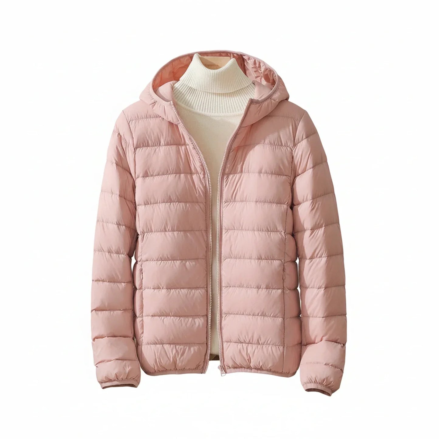 Women's lightweight hooded quilted puffer jacket zip-front design in versatile everyday style